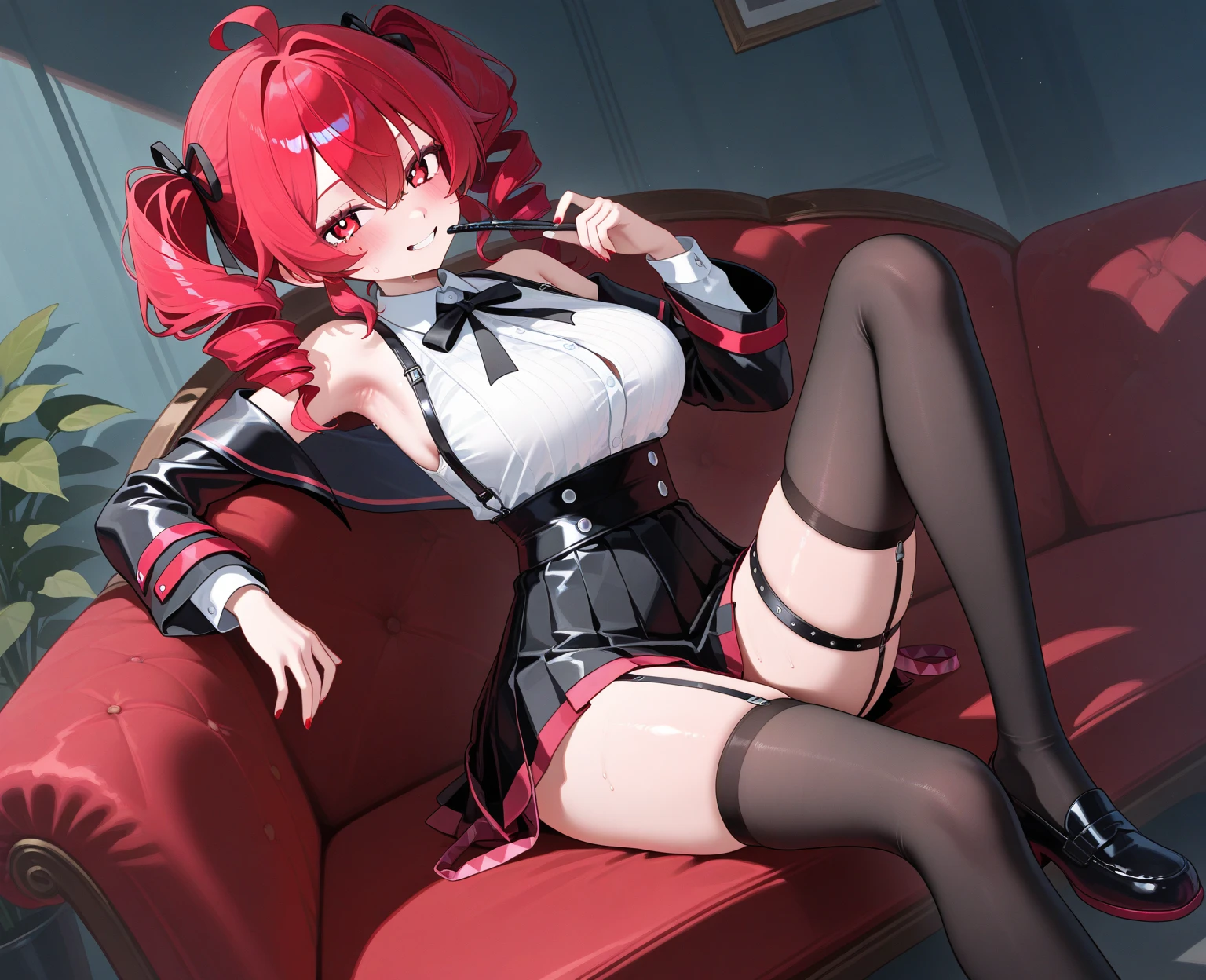 masterpiece,Highest quality,One girl,Bonfire,alone,just_shoulder, black_ribbon,Middle chest, white_dress, With collar_dress, dress, hand袋, hair_ornament, hair_ribbon, hand_superior, narrow_Waist, head_ribbon, pantyhose, Panty lines, Broke up_lips, ribbon, short_dress, No sleeve, No sleeve_dress, Cleaned up_前hair, handhead_cuffs,