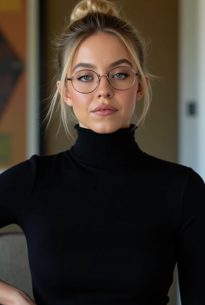 photo of extremely sexy (Ch3rylBl05501-1550:0.99), a woman as a sexy student, (wearing big round glasses:1.1), closeup portrait upsweep updo, (blue tight long sleeve turtleneck top:1.5), at a cantina sitting bar (masterpiece:1.5) (photorealistic:1.1) (best quality) (detailed skin texture pores hairs:1.1) (intricate) (8k) (HDR) (wallpaper) (cinematic lighting) (sharp focus), eyeliner, painted lips, (earrings)
