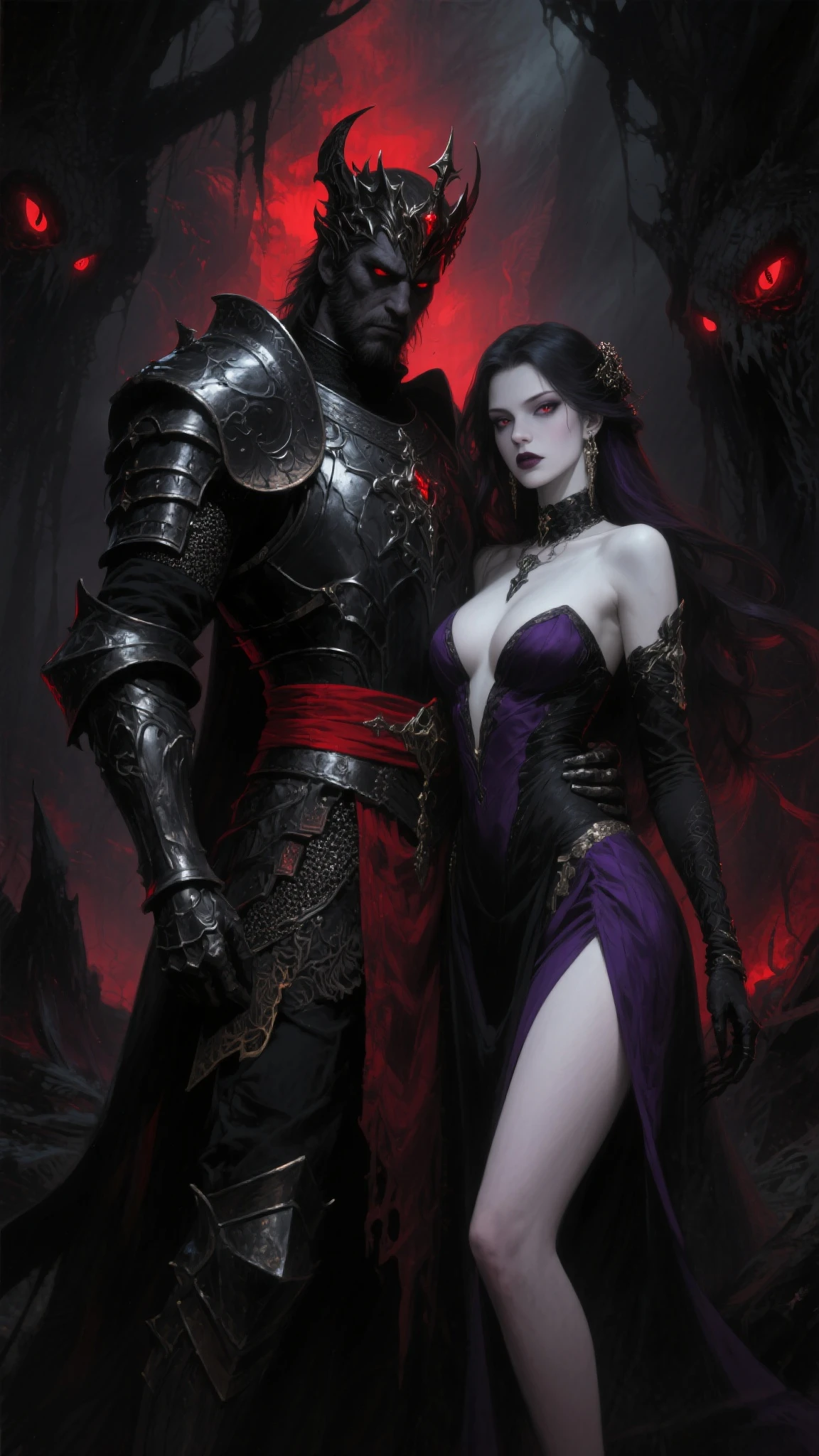 dark fantasy, dramatic lighting, full body shot, wide angle,dynamic angle, deep shadows, a female vampire and her thrall, extremely detailed skin, perfect blond wavy hair, (A female vampire and her thrall, she is using her paranormal powers to shift blood in the atmosphere, making the blood translocate around the environment), (the female vampire is trying to reach her thrall's neck with her hand, making a paranormal blood transfusion between them, shifting blood from the thrall to the vampire), hemokinesis, (there are lots of blood strings floating around the environment), she is wearing a very intricate biological exoskeleton, (the female vampire's lower body is vanishing, becoming black mist), the scene unfolds in a dungeon dimly illuminated by a red glow, red energy lines, pale blue and earthen hues, mystical energy, moody atmosphere, cinematic composition, Yoshitaka Amano style
