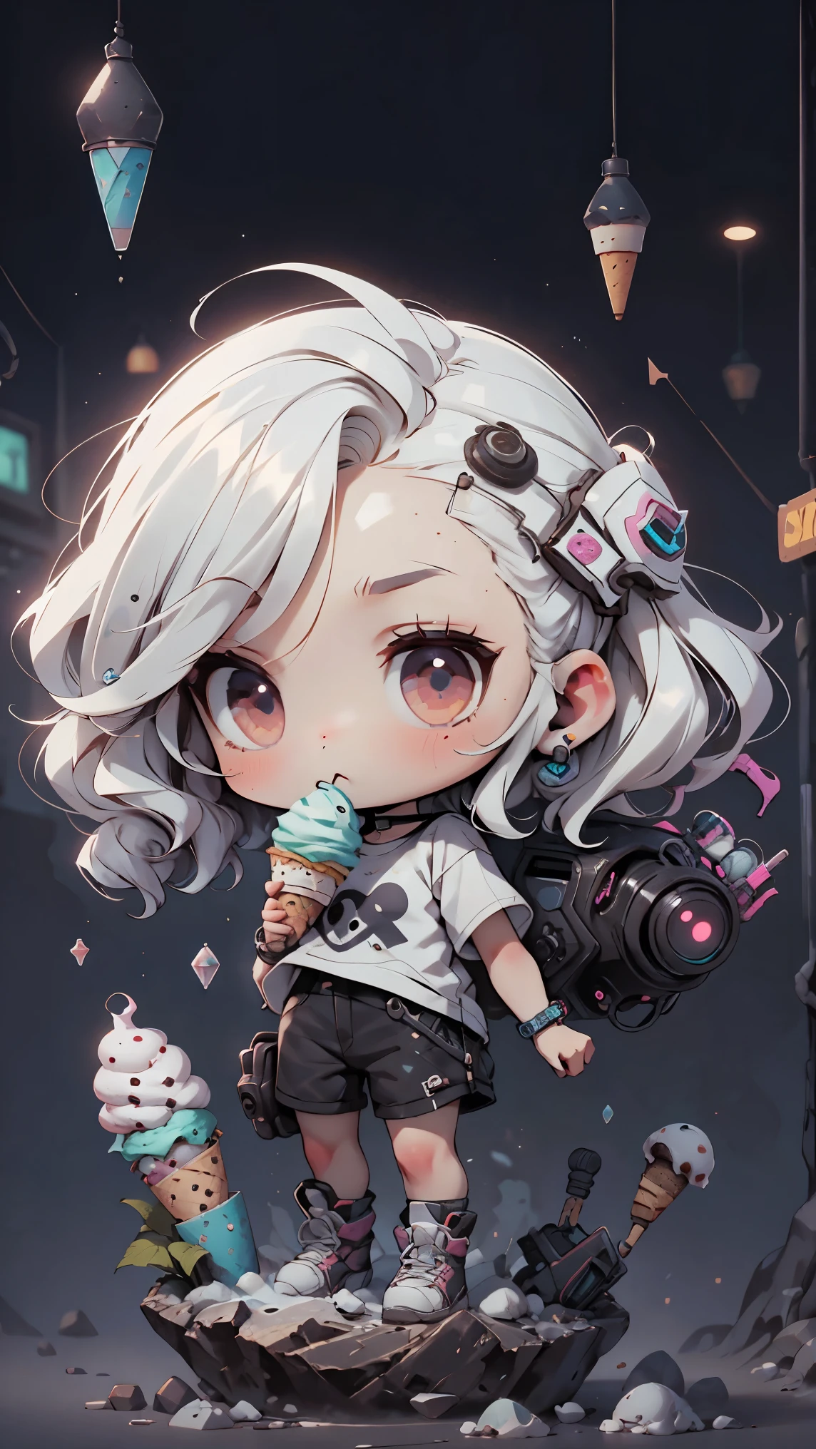 plastic, 1 girl, Chibi T-shirt, cyberpunk, Premium Ground, dot, ice cream texture, deep , Fundo white ,white