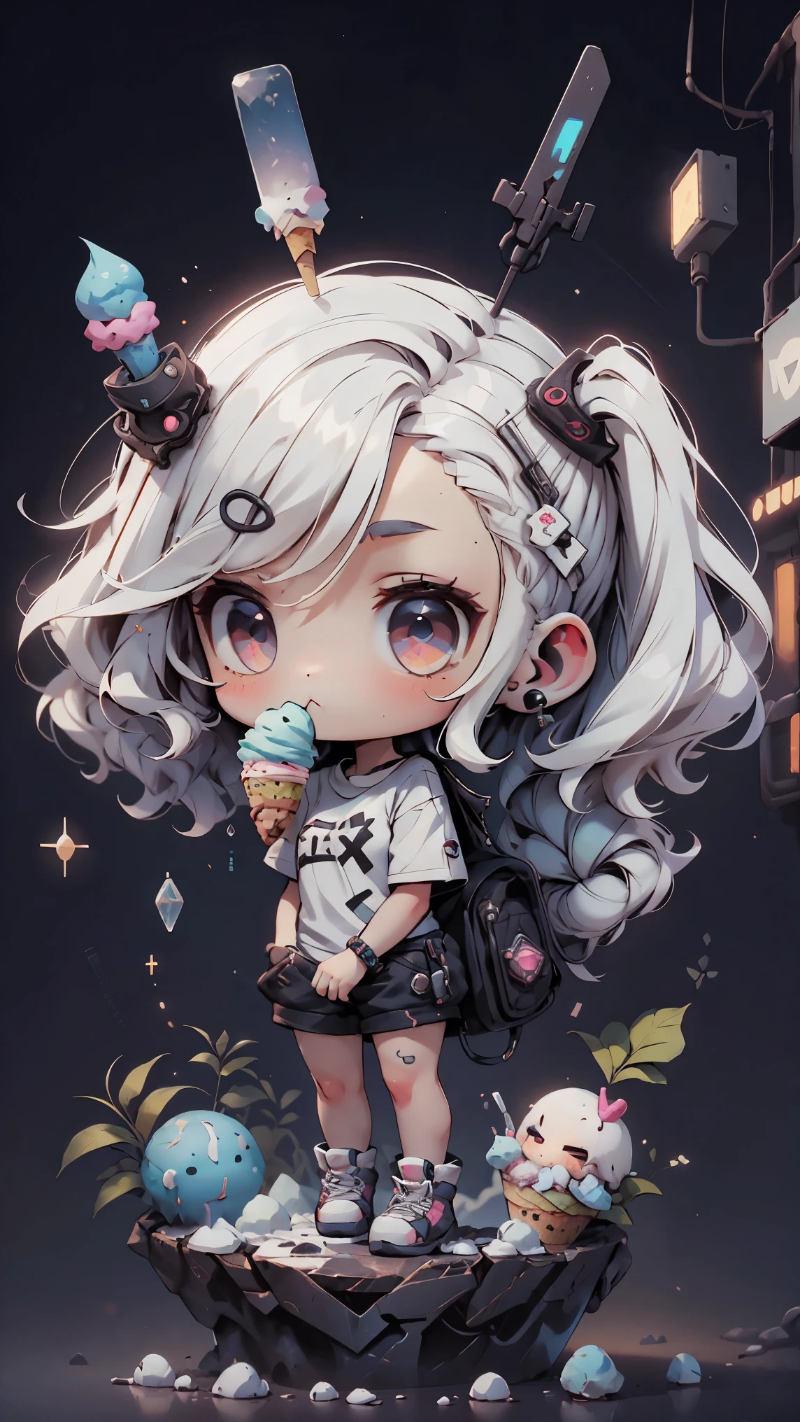 plastic, 1 girl, Chibi T-shirt, cyberpunk, Premium Ground, dot, ice cream texture, deep , Fundo white ,white