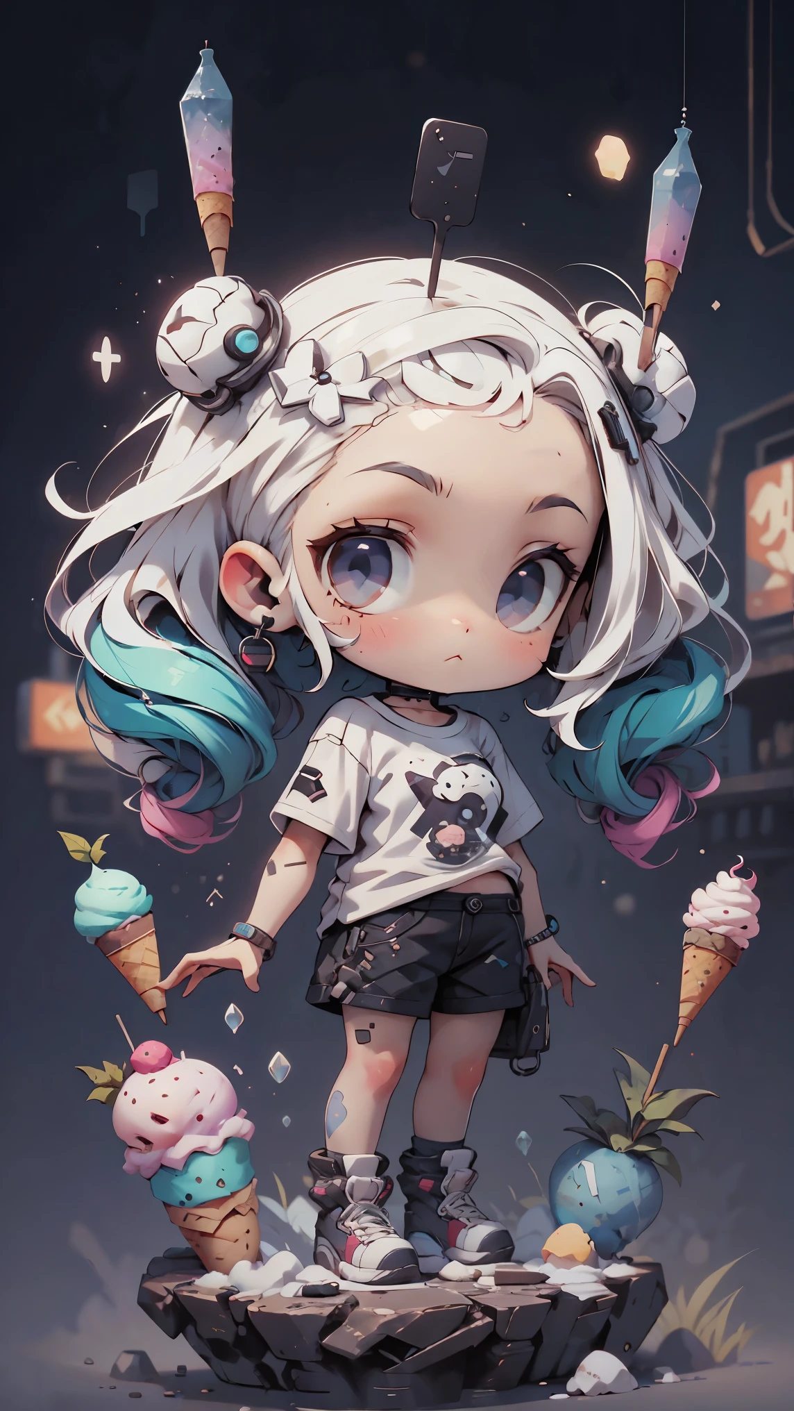 plastic, 1 girl, Chibi T-shirt, cyberpunk, Premium Ground, dot, ice cream texture, deep , Fundo white ,white