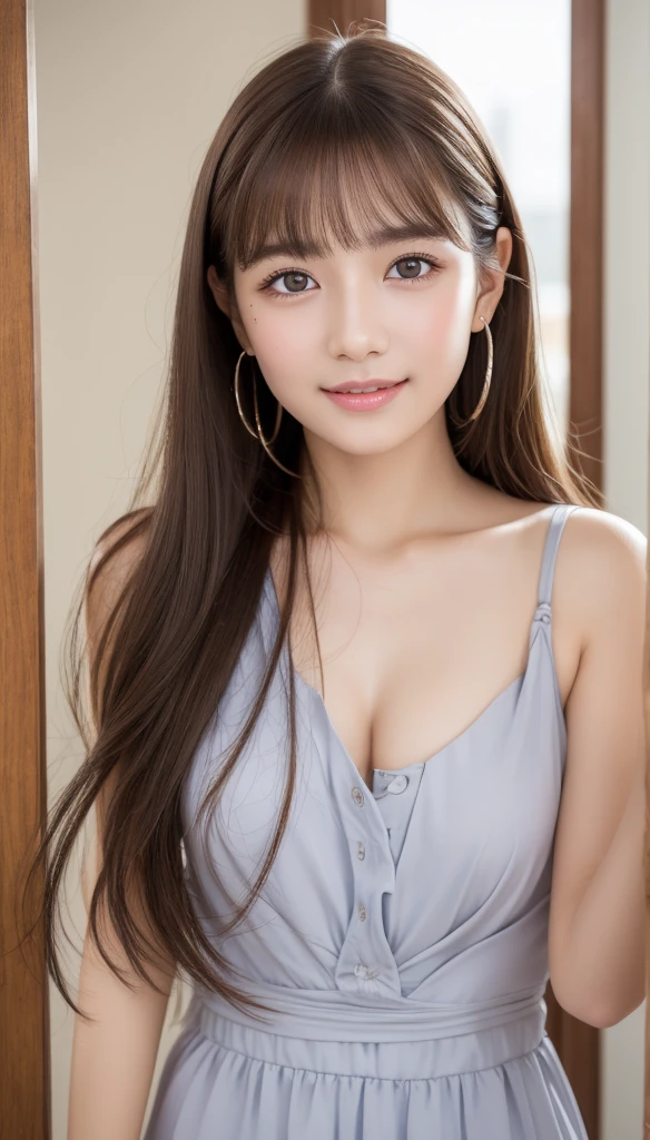 highest quality, masterpiece, ultra high resolution, (realistic:1.4), (close portrait) Raw photo, 1 girl, 22 years old,(((business suit))),((long hair chignon)),masterpiece, realistic pictures, japanese pictures, fuji negative film, saturation, contrast, Pocari Sweat Advertisement ((small breasts)),((smiling showing teeth)),,brown hair,