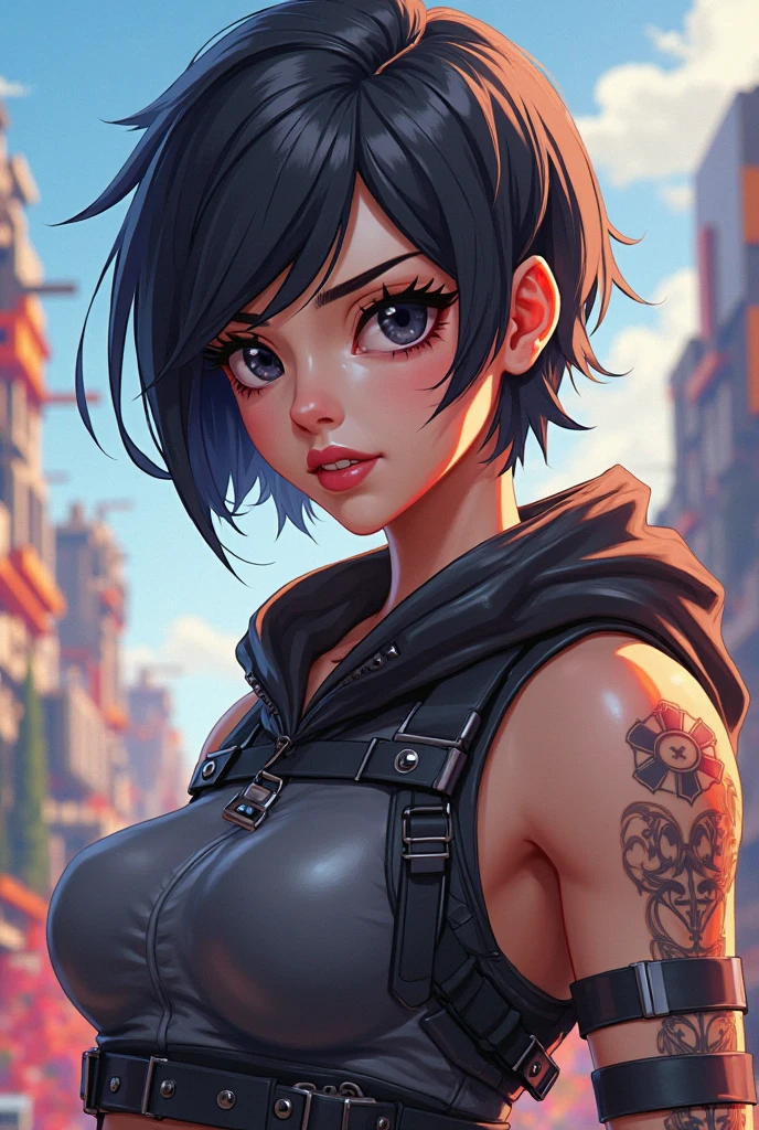 Punk woman with tattoos and minimal piercing. (Show cleavage without undergarment). No emotions. (Very detailed eyes). ((Closeup)) Minimal make up. (Cyberpunk background sunset). Black short hair.