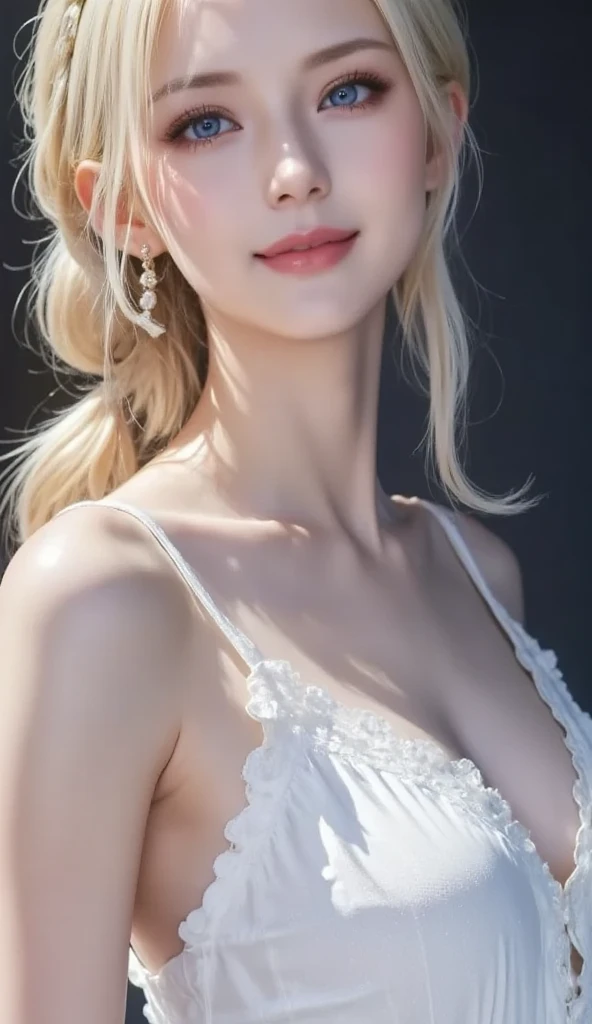 masterpiece, 1 beautiful girl, Delicate eyes, Purebred face_v1, Top quality, Ultra high resolution, (Reality: 1.4), Japanese, Korean, very beautiful, Beautiful skin, slim,Very sexy, (超Reality), (high resolution), (8K), (Very detailed), Delicate face, Bright Lights, Professional lighting, Looking at the audience, Face straight ahead, White bare back see-through antique style dress,big nipples, Bright blonde hair, long hair, long hair與辮子, Bangs,Double bun,hair accessories。