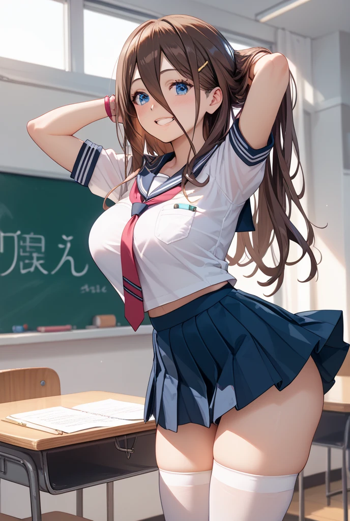 (((best quality))), (((masterpiece))), (((18yo girl))), (((perfect face))), (((beautiful))), (((topless))), (((medium breasts))), (((dark blue pleated skirt))), (((embarrassed:1.5))), (((arms up:1.5))), (((classroom))), (slender), (skinny thighs), (skinny waist), (((bare stomach))), (((high ponytail))), (((brown hair)))
