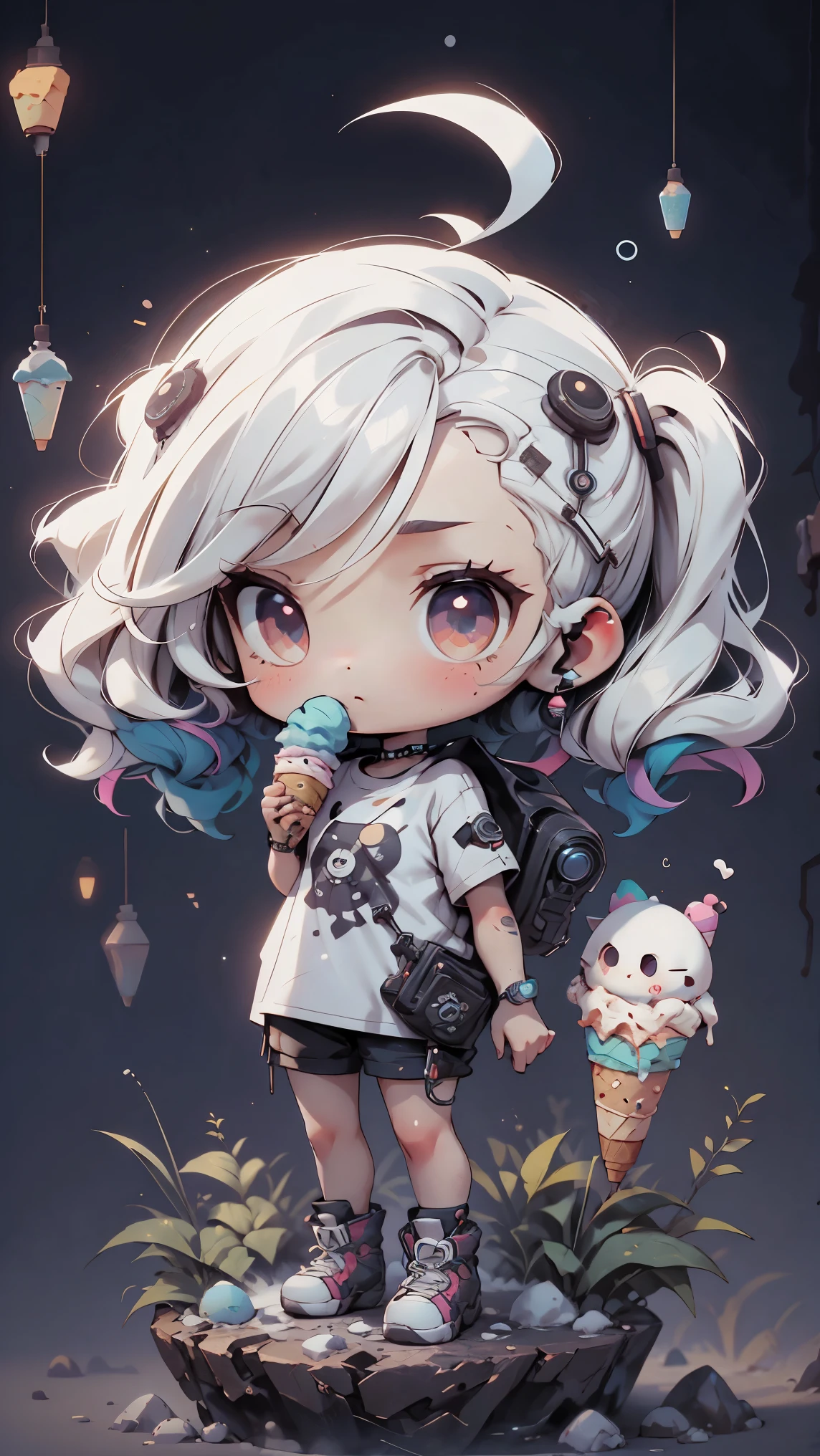plastic, 1 girl, Chibi T-shirt, cyberpunk, Premium Ground, dot, ice cream texture, deep , Fundo white ,white