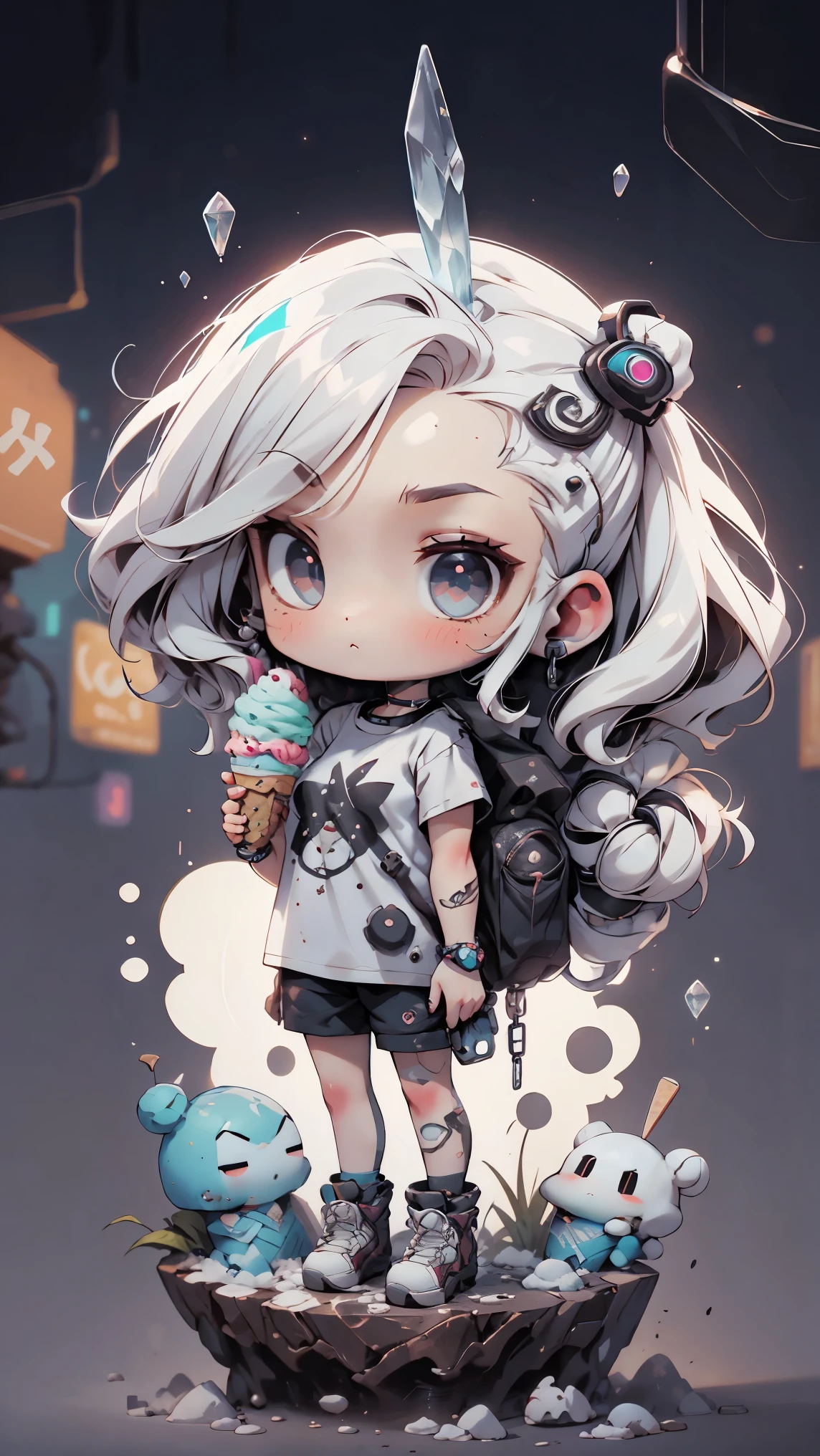 plastic, 1 girl, Chibi T-shirt, cyberpunk, Premium Ground, dot, ice cream texture, deep , Fundo white ,white
