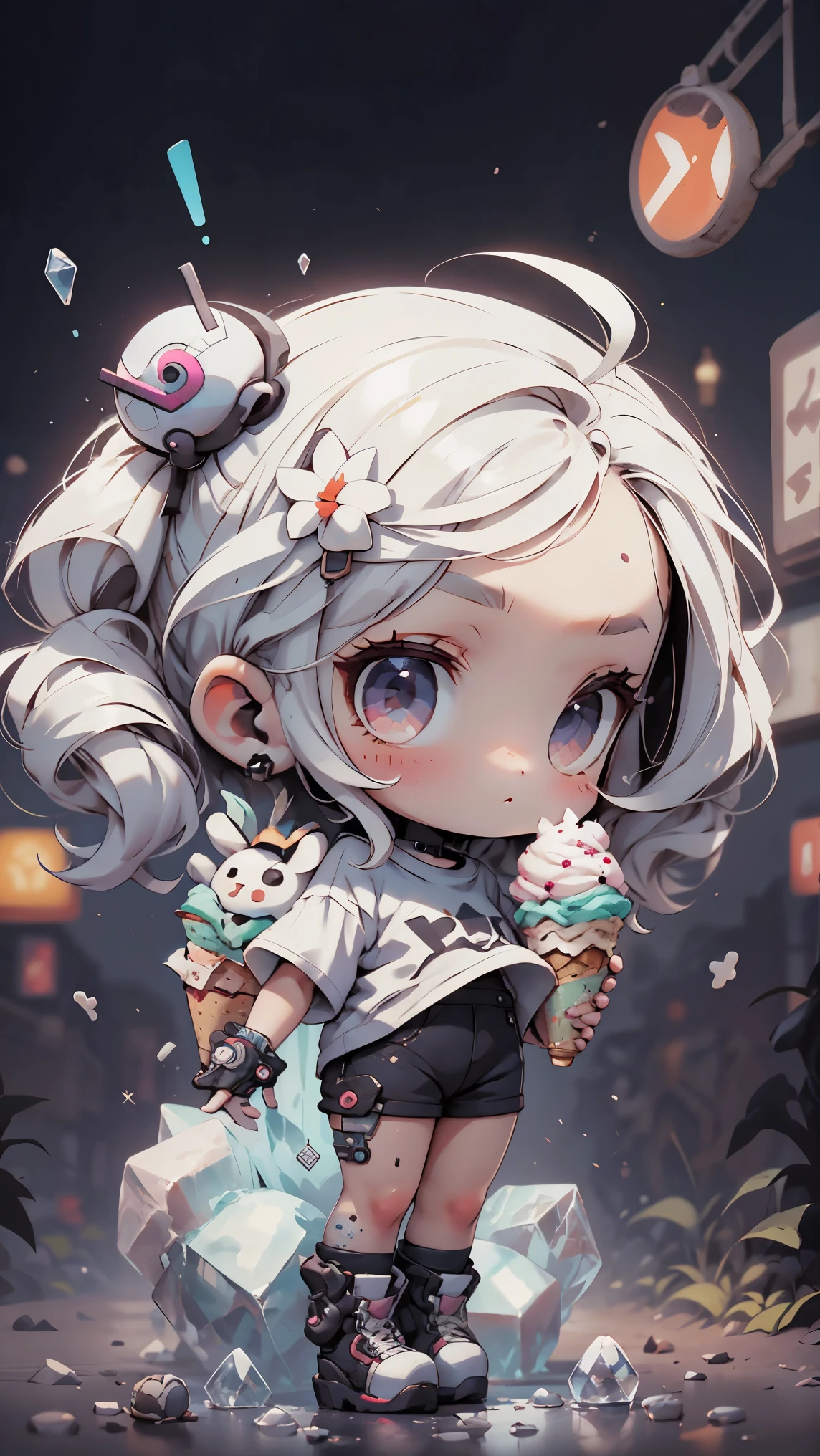 plastic, 1 girl, Chibi T-shirt, cyberpunk, Premium Ground, dot, ice cream texture, deep , Fundo white ,white