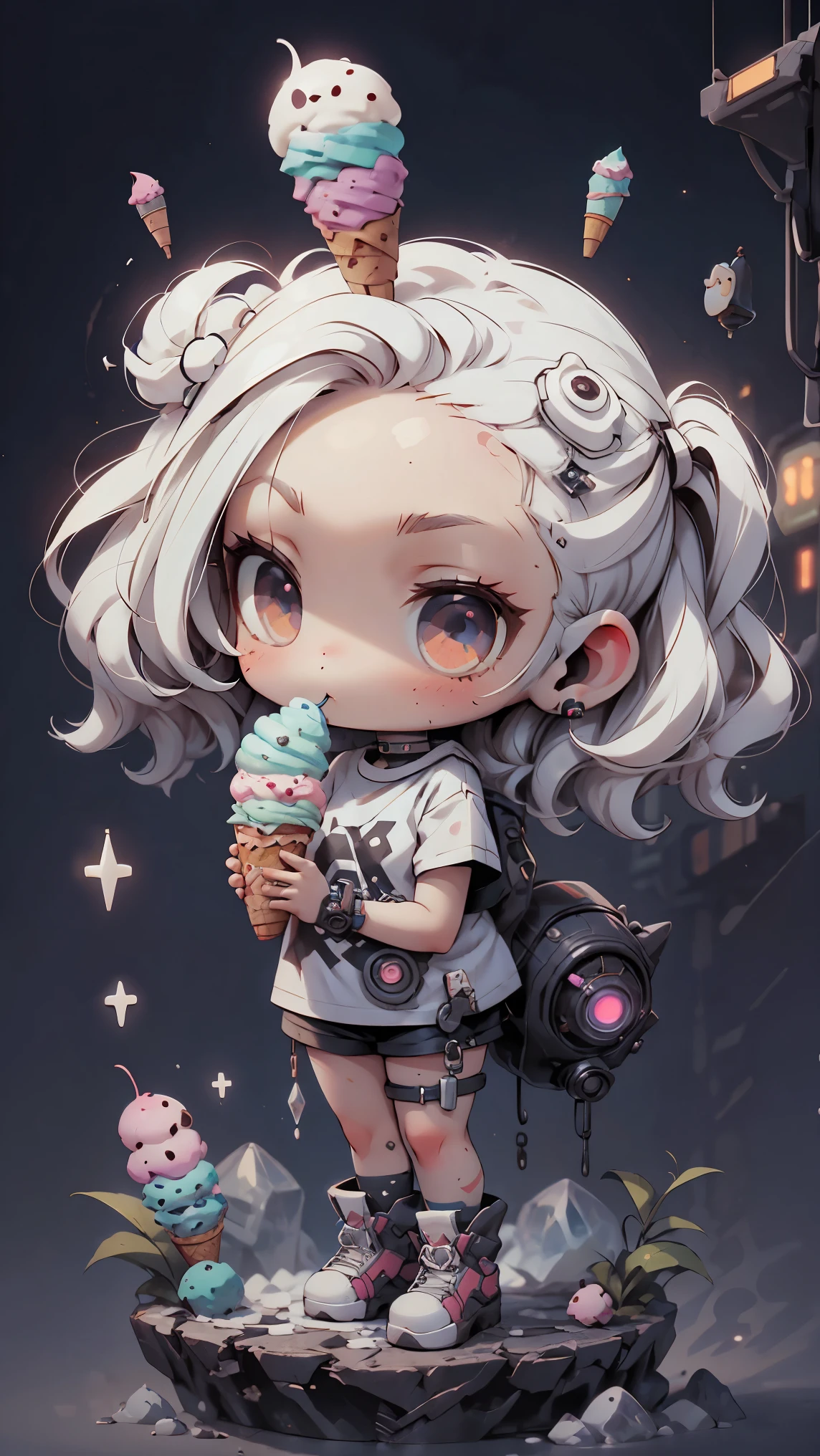 plastic, 1 girl, Chibi T-shirt, cyberpunk, Premium Ground, dot, ice cream texture, deep , Fundo white ,white