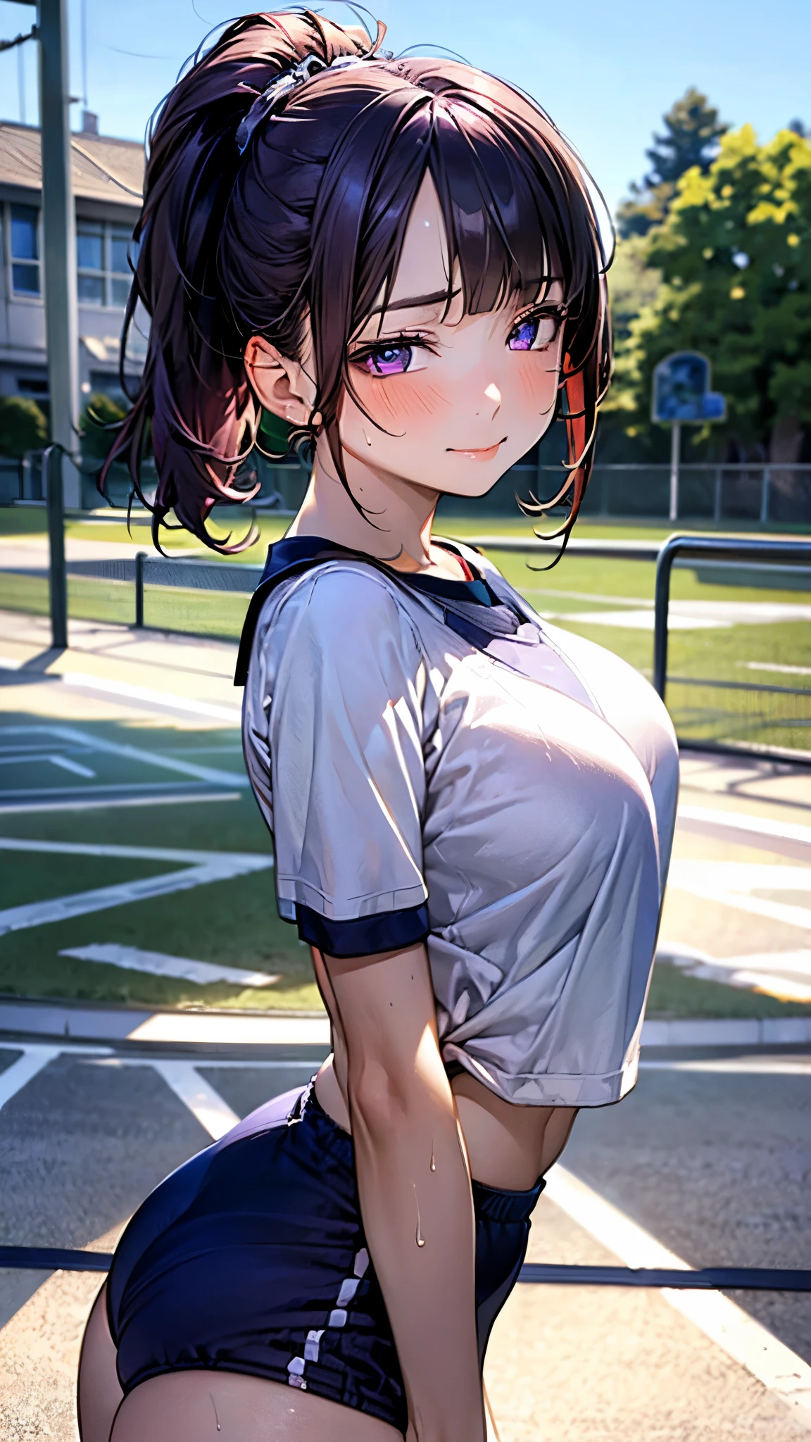 mastute piece,Best Quality,insanely detailed,8k cg,nsfw,
(shoot upper body:1.3),
(1girls:1.3),standing,looking at viewr,body in front,both arms behind back,(school gymwear,red-buruma:1.2),
break,
blush,shy,(trembling:1.2),(blue hair:1.2),
break,
perfect breasts,perfect teats,(open mouth:0.9),(large breasts:1.2),
outdoor sports field,