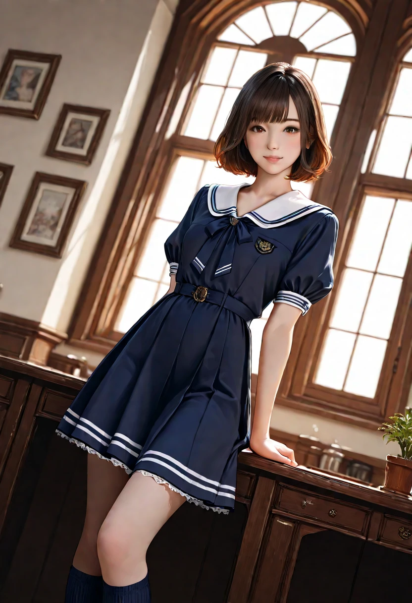 moyou,1girl,looking at viewer,sexy pose,(cowboy shot),
(masterpiece, high quality, best quality),(colorful),(delicate eyes and face),volumatic light,ray tracing,extremely detailed CG unity 8k wallpaper,solo,
(hotel rooms,kneeling on the bed),
<lora:æ¥ æ¨:1.2:lbw=fa>,short wave curly hair,grin,
<lora:add_detail:0.5>,
<lora:Cococola JK Uniform:0.8>,cococola,school uniform,serafuku,blue shirt,blue pleated skirt,