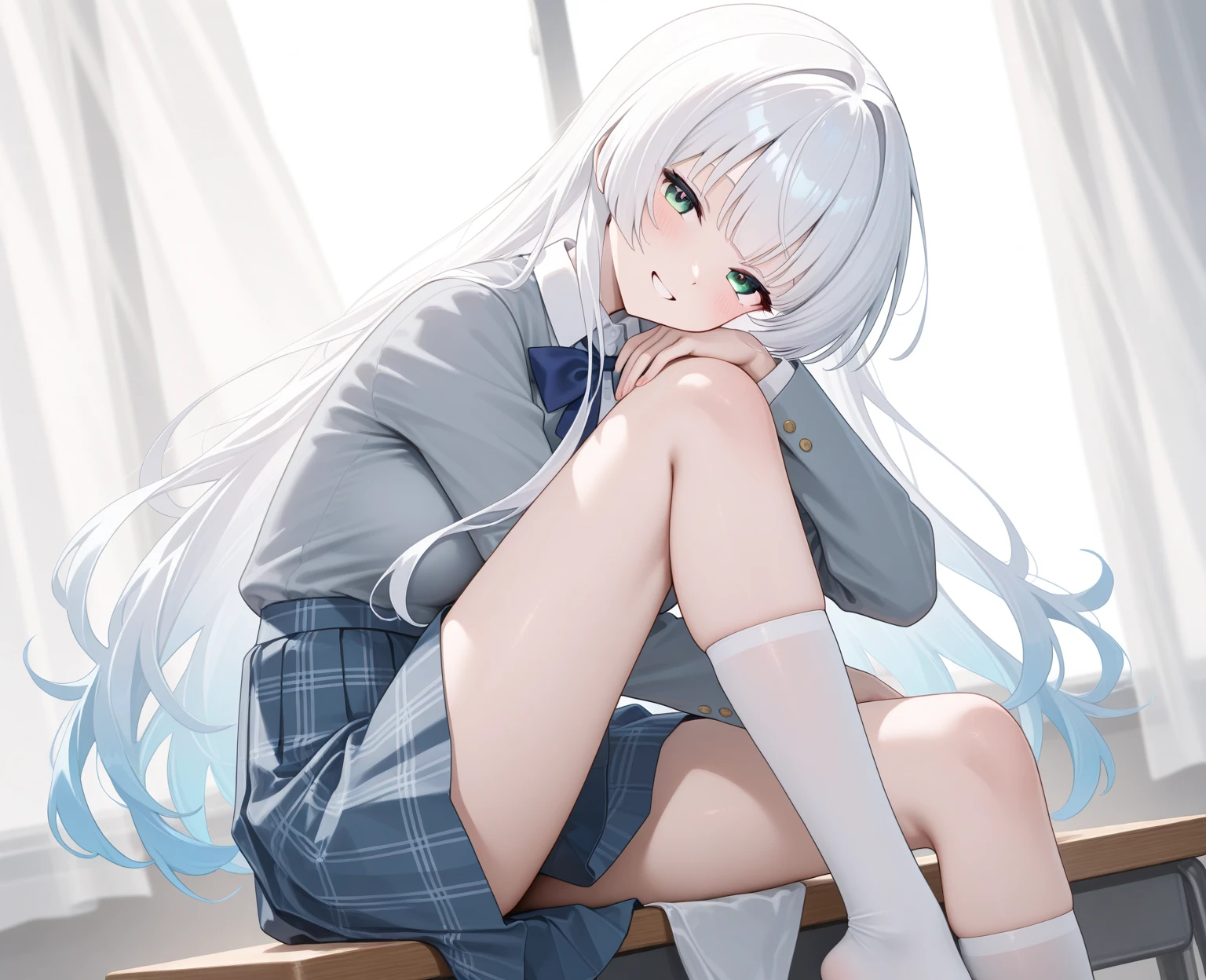 very cute and beautiful girl,(Very detailed美しい顔), (smile),blush,Black Hair,Seraphim,((White Hair、long hair)),(White Shirt、Pleated navy blue pread your legs、Squat)、Sitting、(From below)、(Lace panties), Country road, (Highest quality,masterpiece:1.0),Absurd,High resolution,Super detailed,Very detailed,32K,8k resolution, Intricate details,Movie Scenes,Detailed Background,alone,Dynamic Angle,