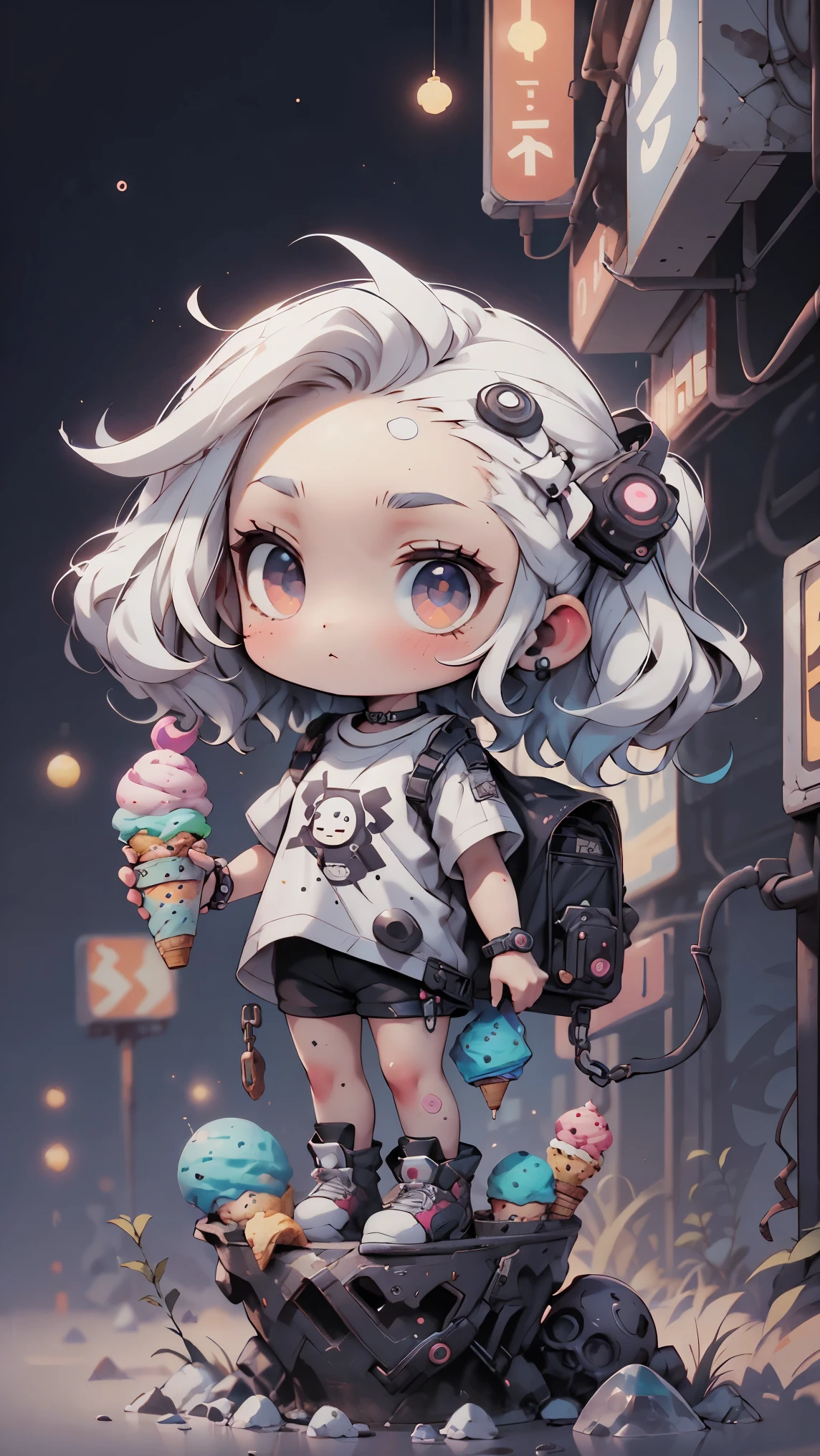plastic, 1 girl, Chibi T-shirt, cyberpunk, Premium Ground, dot, ice cream texture, deep , Fundo white ,white