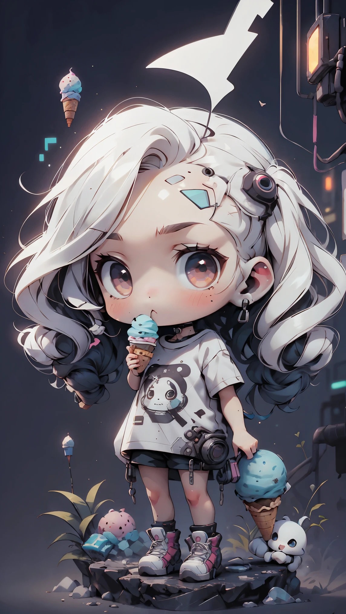 plastic, 1 girl, Chibi T-shirt, cyberpunk, Premium Ground, dot, ice cream texture, deep , Fundo white ,white