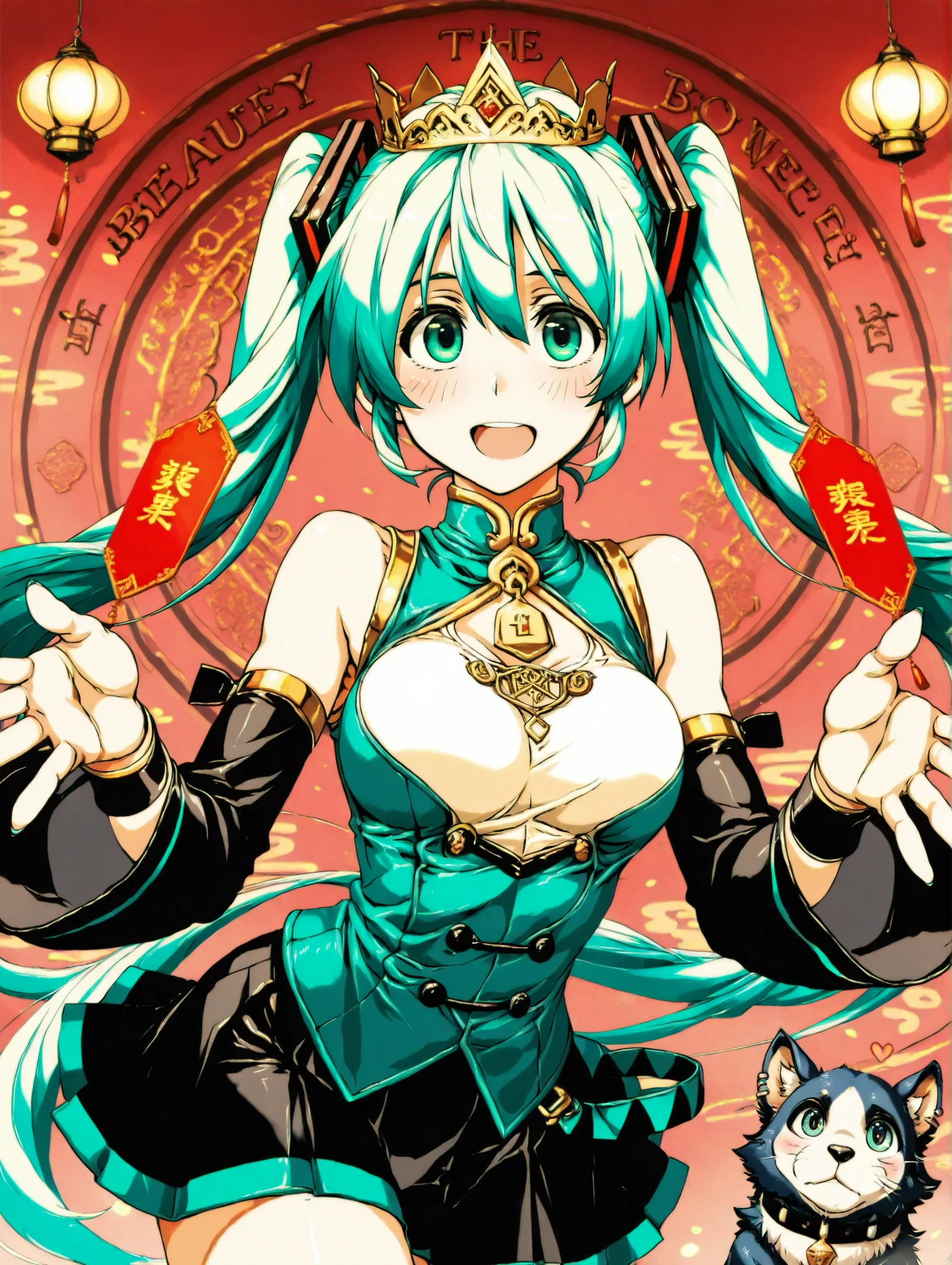 (masterpiece、Highest Quality、Highest Quality、Official Art、beautiful and beautiful:1.2)、Hatsune Miku、beautiful breasts、Light Green Twin Tails、Queen of Chinese Style、 Beauty and the Beast 、Crowned Beast、Beast and Queen Facing Each Other、 two people facing each other 、Western and Chinese Fusion、 in the woods