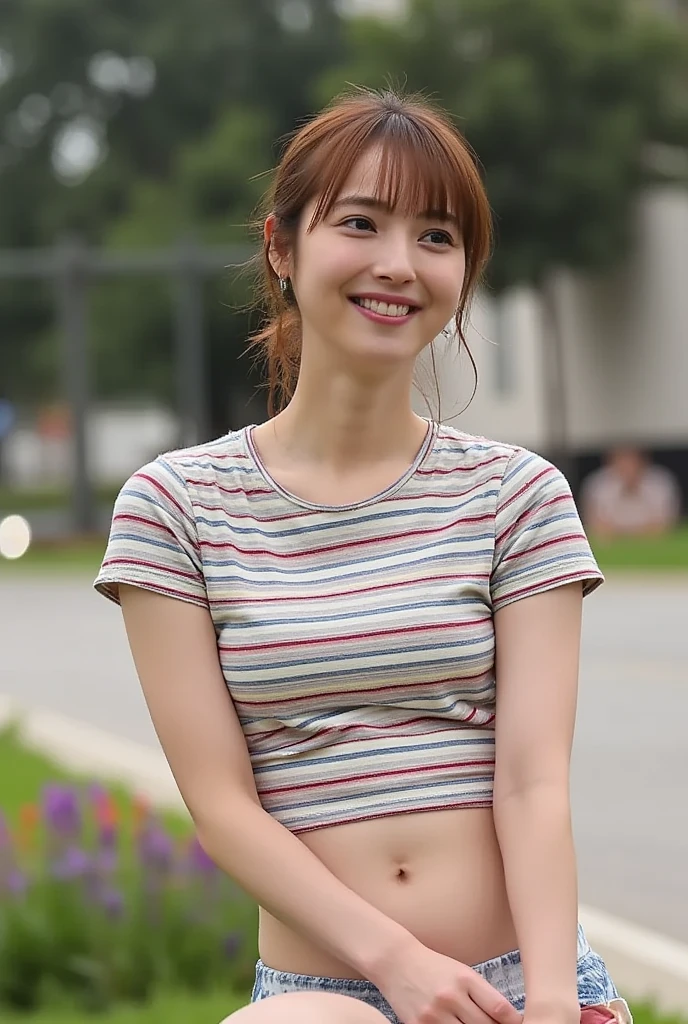 Tabletop, Highest quality, shape, Very detailed, In detail, High resolution, 8k wallpaper, moving composition, (((Beautiful attention to detail))), (((Sexy tank top in random colors))),Medium Hair,Small breasts, natural color, lips, (((stroll))),smile、20 year old Japanese idol、cute、sexy shot looking at camera,Beautifully detailed face,Elegant face,Perfect and beautiful face,Slim face and body,Blur the background,(Central Park)