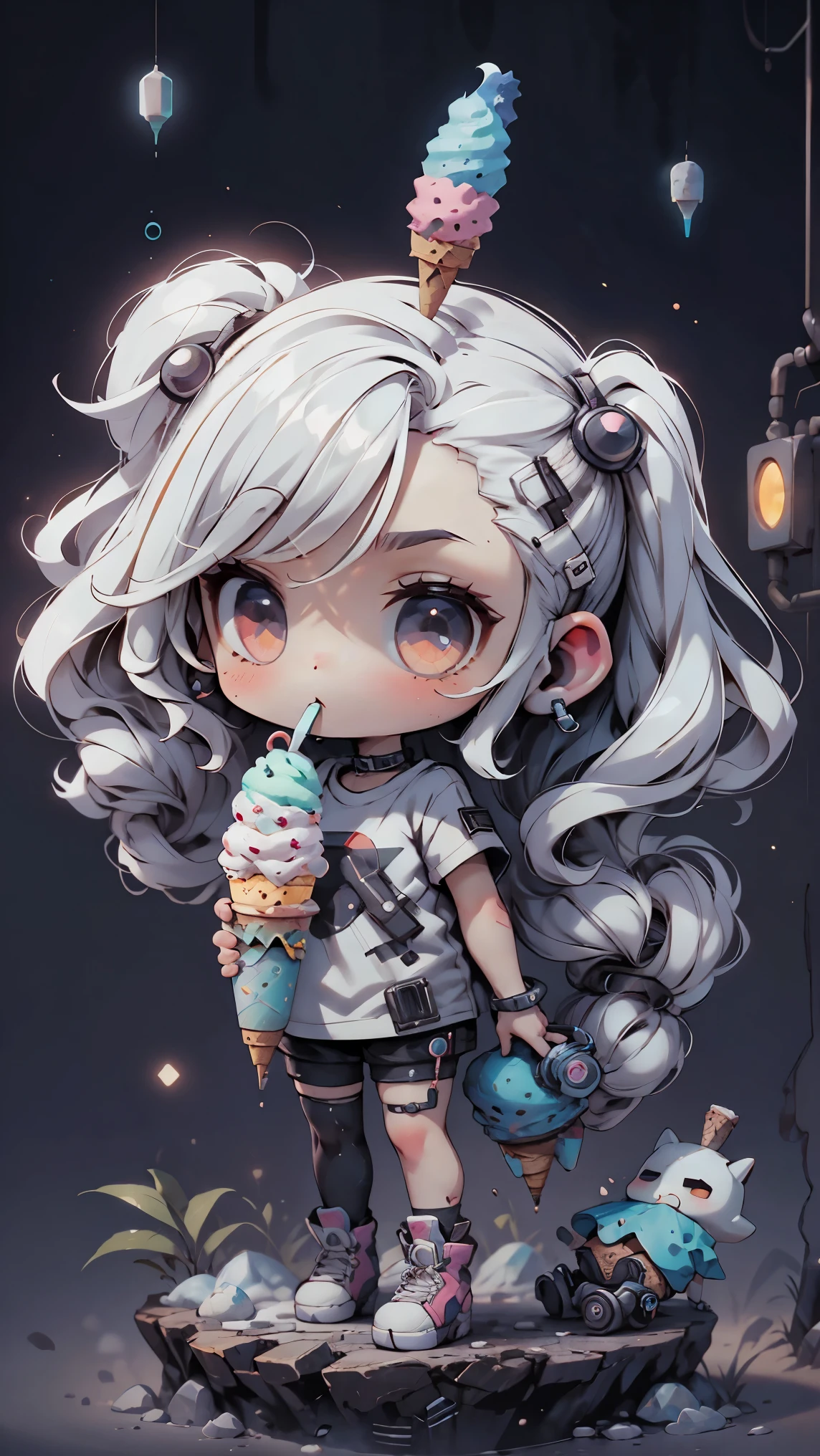 plastic, 1 girl, Chibi T-shirt, cyberpunk, Premium Ground, dot, ice cream texture, deep , Fundo white ,white