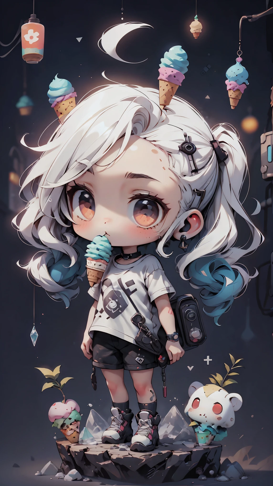 plastic, 1 girl, Chibi T-shirt, cyberpunk, Premium Ground, dot, ice cream texture, deep , Fundo white ,white