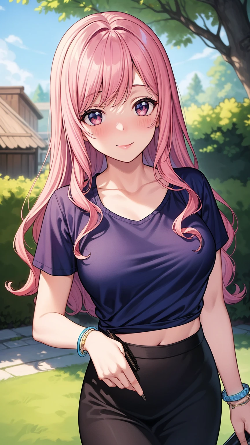 masterpiece, best quality, high detail, beautiful woman, wavy hair, pink hair, large bust, purple t-shirt, loose t-shirt, white skirt, sneakers, looking at viewer, smile, garden, grass, backyard, evening, summer night, sunset