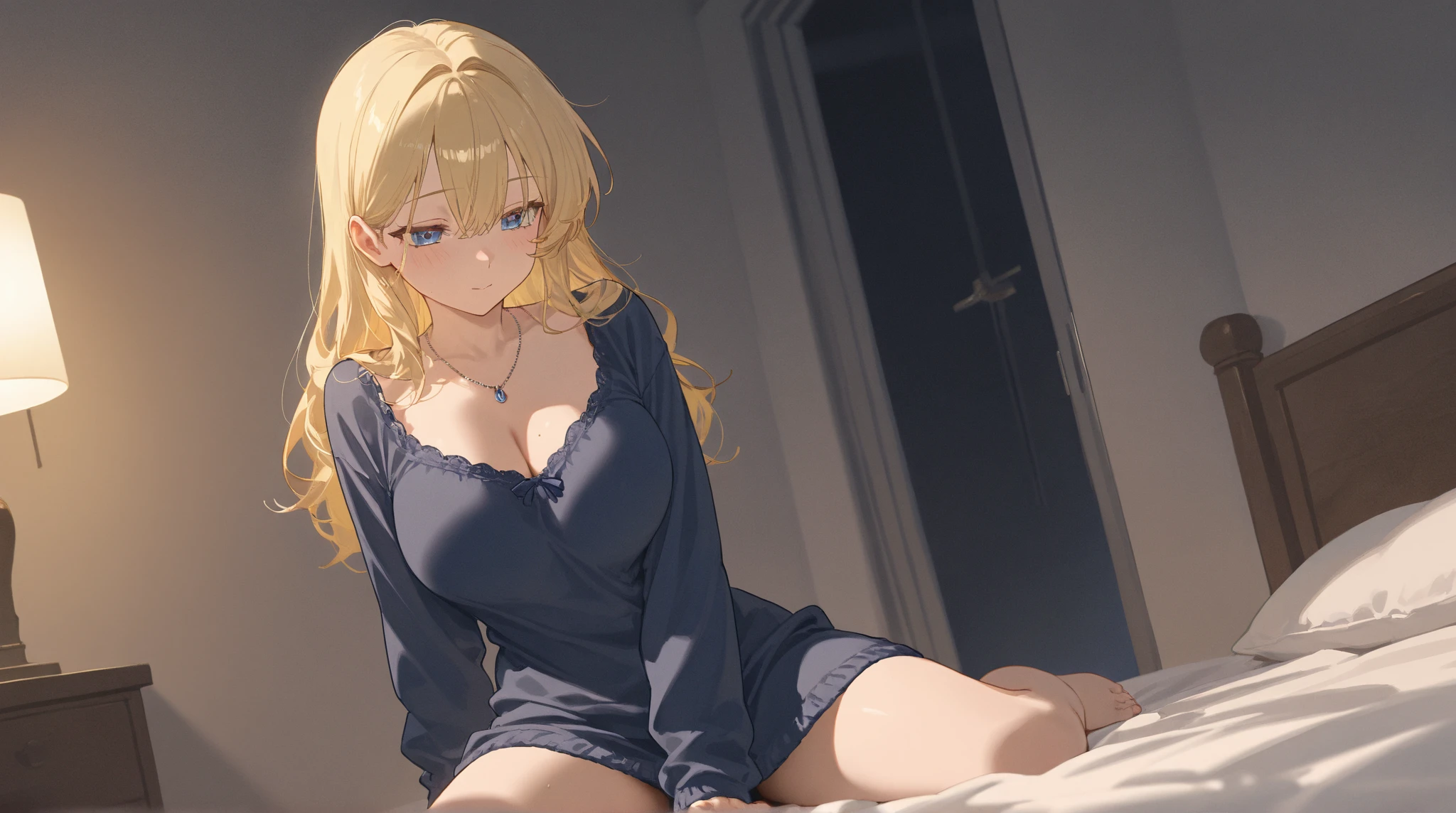 an adult girl, Blonde, blue eyes, loose hair, lying in her bed with a somewhat sick face
