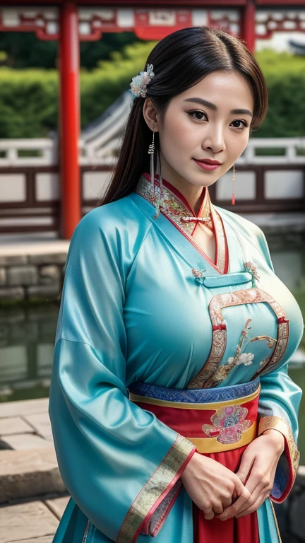 (from above:1.3),(thai woman),((highponytail)),(forehead),(Oriental Folk Costumes:1.5),(Empress's style:1.3),(enormous breasts:1.5),(Addressing an audience:1.6),(Historic Monuments of the Orient in the background:1.6),big smile,  (cowboy shot:1.4),8k, UHD,