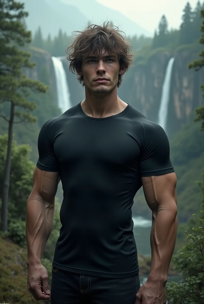 tired man, bara, shirtless, flowers, pond, strong, broad shoulders, lying in water, waterfall, biceps, frogs, big pecs, realistic, photo, perfect ligth