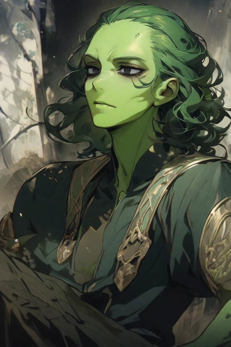 a young man, elf, (((male))), (((his skin is green and sparkly))), (((long hair))), (((spikey hair))), (((green colored hair))), pointy ears, (((slim body))), (((flat chest))), (((male chest))), (body covered by loose fabric), (flowy fabric loosely wrapped around his chest and hips), ((wearing loose clothes)), (((revealing outfit))), ((brown and beige colored clothes)), (fantasy style), facing the viewer, body facing the viewer, confident and serious expression, (((green skin))), (((green colored skin))), (((green-skinned))), wet skin, ((shiny skin)), ((glitter on skin)), ((glittery skin)), ((sparkly skin)), ((standing on top of a pile of rubble)), ((glowing eyes)), (green-skinned body), (green body), simple tunic, cyan glow