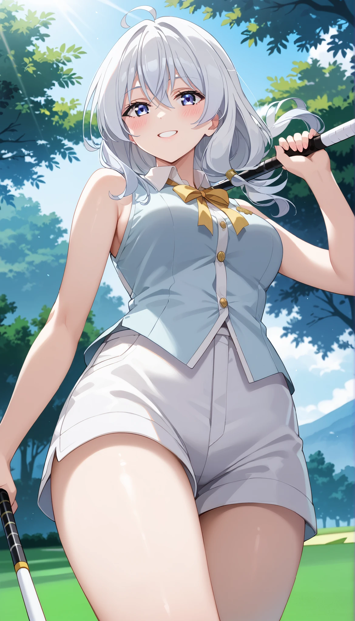 (((masterpiece))),(((High Quality))),Elaina (Majo no Tabitabi),light blue sleeveless shirt,white short shorts,(((golf wear))),Slim and beautiful thighs, Silver Hair,1 person,Outdoors,((low angle))、smile、Ulchan-6500-v1.1, ( RAW photos :1.2), beautiful detailed, very detailedな目,beautiful eyes on my stomach,beautiful eyes,Blue eyes,large file size, high definition, very detailed, Highest Quality, [masterpiece:1.6], Awareness-raising, very detailed, finely, Highest Quality, 8K wallpaper, perfect figure,very detailed,blush