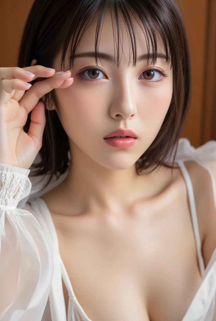 (masterpiece:1.3), Highest quality、Ultra-high resolution, Very detailed, Very detailed CG Unity 8k 壁紙, Realistic, photo-Realistic, RAW Photos, Beautifully detailed face, Pale skin, Realistic glistening skin, Detailed cloth texture, Detailed hair texture, Perfect body, Beautiful Face, Accurate, Anatomically correct, Highly detailed face そして skin texture, Natural neck length, (Fair skin:1.2), Good teeth alignment,
Symmetrical eyes, dolly make、double eyelid, Thin eyebrows, (Glossy Lips:1.4), (Sad face:1.2),
(classy and cute girl:1.3),
(Large Breasts:1.4), Cleavage, Beautiful clavicle,
(Wavy long hair:1.2), ((Asymmetrical bangs:1.2)), A tight dress that clings to the breasts、Micro Mini、Voluptuous thighs、A photo showing you from head to knees、Focus on the thighs