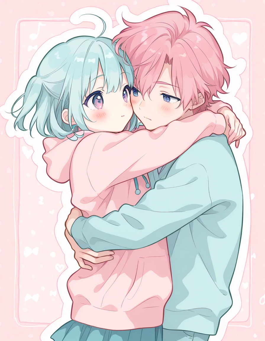 watercolor、 pale colour、Pink haired girl and boy。 teddy bear smile From head to toe