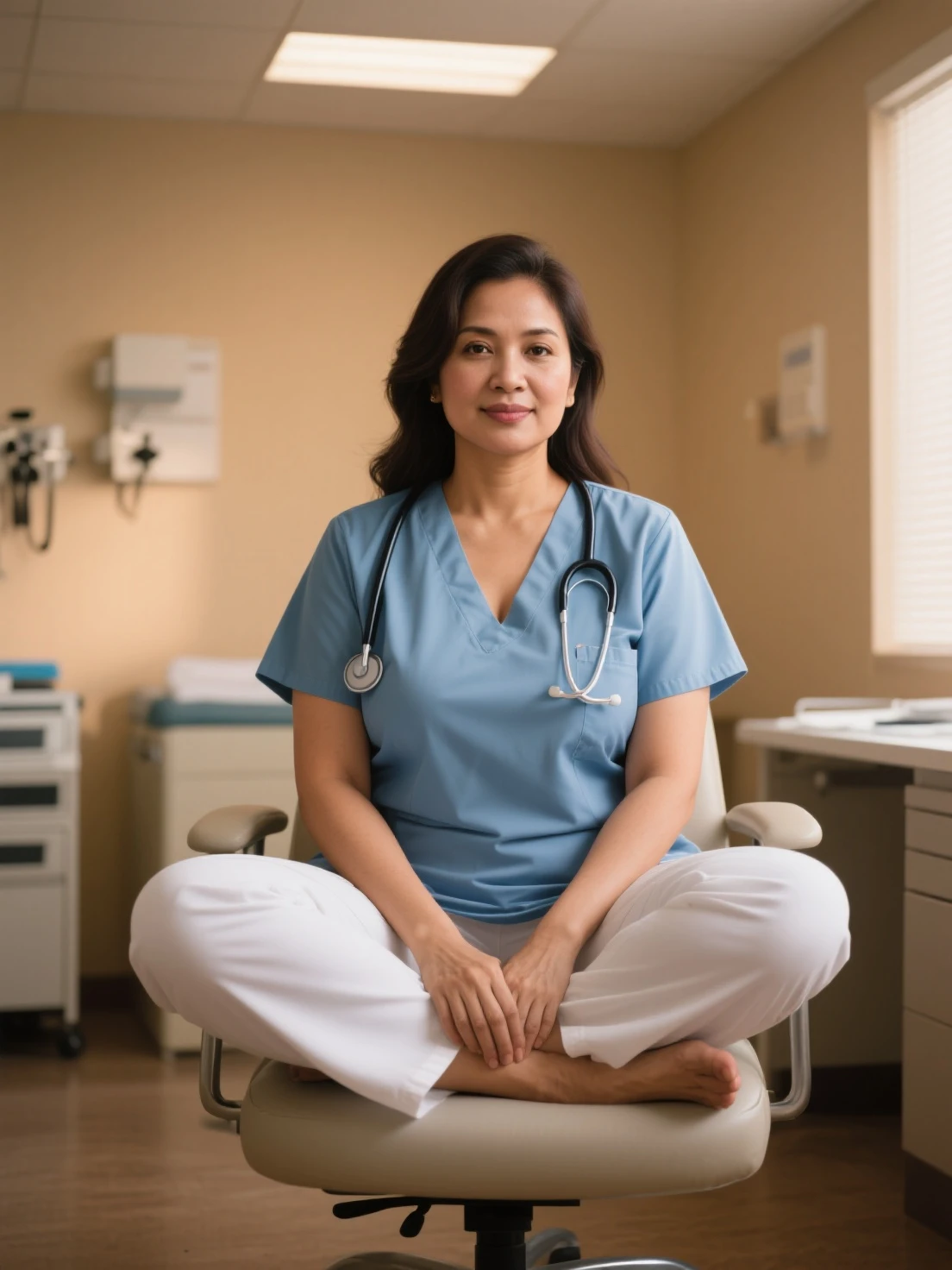 Indonesian woman,((40 years old)), doctor, beautiful face, tan skin, doctor suit, stethoscope, pants, big hips, soft smile, sweet face, hospital, sit on chair at hospital