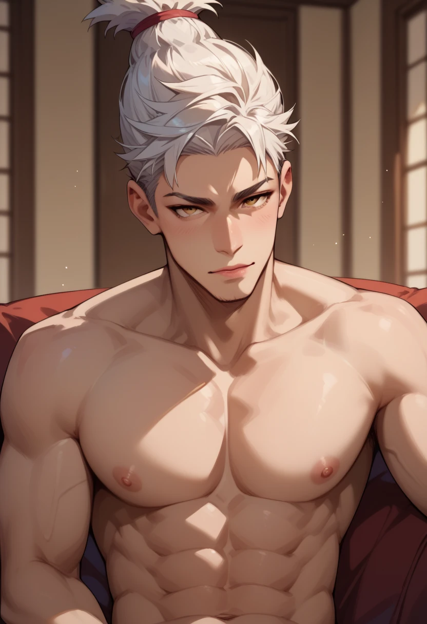 1boy, best quality, detailed face, (detailed eyes:1.3), light-skinned male, white hair, short hair, messy hair, red eyes, happy, shirtless, white jockstrap, muscular male, indoors, hotel