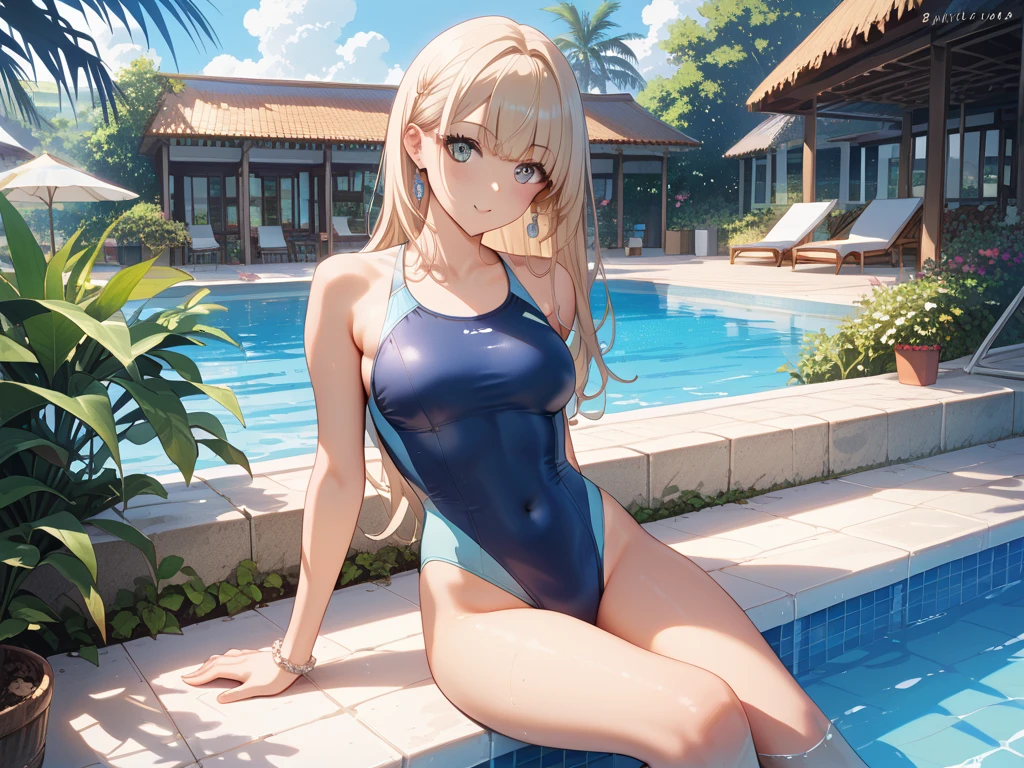 master piece,best quality,8k,
BREAK 1girl,(ultra detailed pale blonde hair:1.3),(ultra detailed white skin:1.2),(shiny skin),(ultra detailed light purple eyes:1.3),tsurime,
BREAK (bishojo),(cute),
BREAK (straight hair:1.2),(long hair:1.2),(two side up:1.3),(black color hair ribbon),blunt bangs,(small breast:1.2),hoop earrings,blush,smile,head tilt,
BREAK (school swimsuit:1.2),(wet hair:1.2),(wet body:1.3),
BREAK (pov:1.2),(squatting:1.2),from front,
BREAK (pool:1.3),