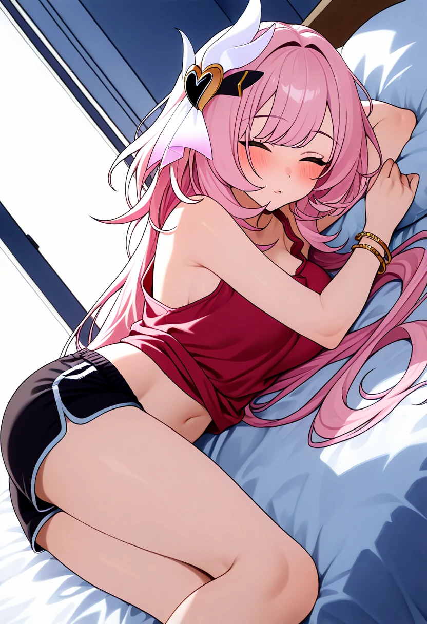 nothing, perfect white skin, detailed artwork, shiny pink hair, PINK CAT Ears, god of eyes, pink eyes, pink heart shaped eyes, long pink shirt, long shirt covering private parts, white silk gloves, warm pink, white thigh highs, cute thighs, short shorts, silk stockings, femboy, fluffly, sword in scabbard hanging on back, Grinning, holding a leash, Part 1