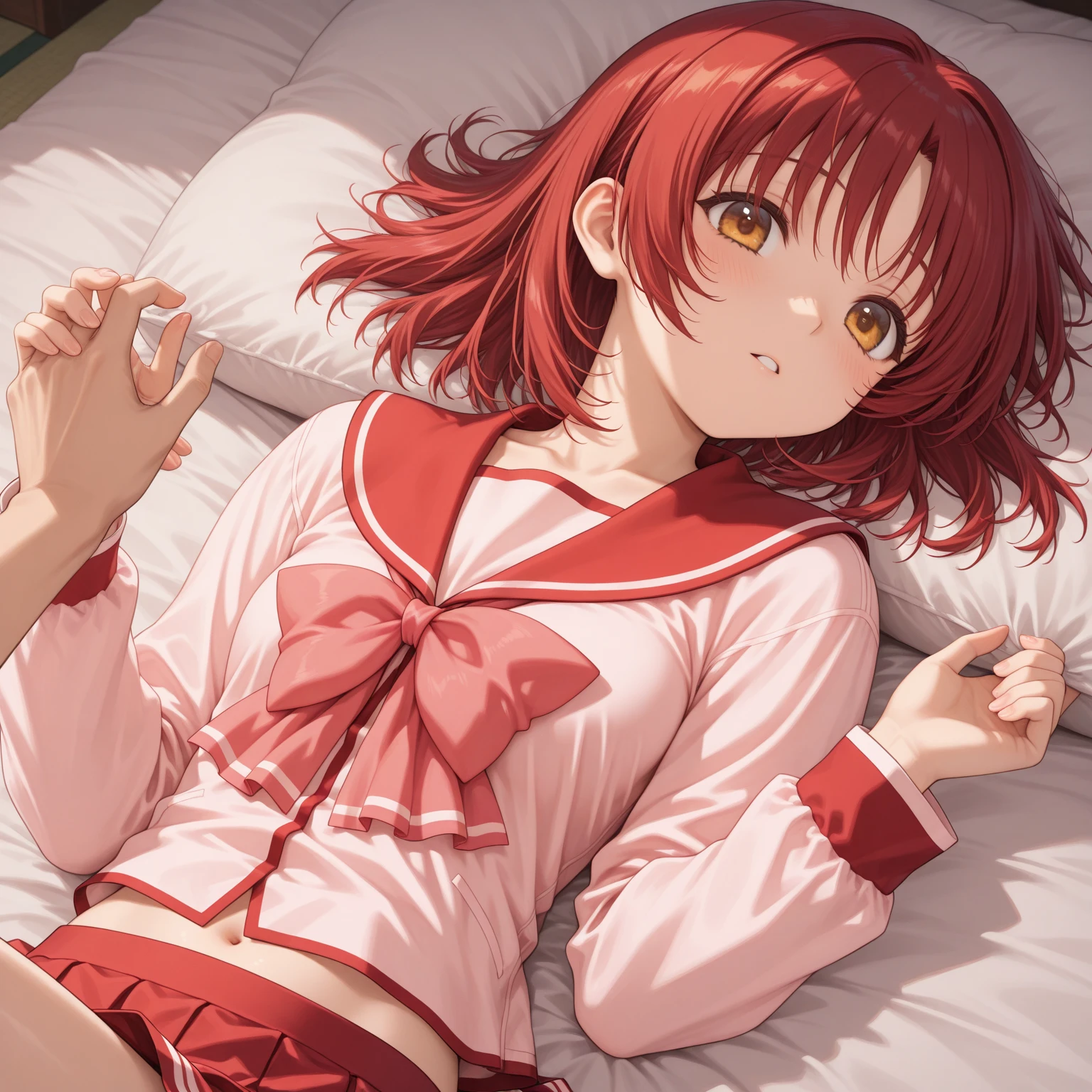 Angle from above:1.3,everyday scenery:1.3 Close-up、Red hair、bob cut hair、cute、autumn:1.3、collared shirt:1.3、、skirt(((Highest image quality、High resolution、masterpiece、one woman)))、(((showing armpits:1.3)))、(((embarrassing:1.3、)))、(((cute)))、flower、lie on the bed