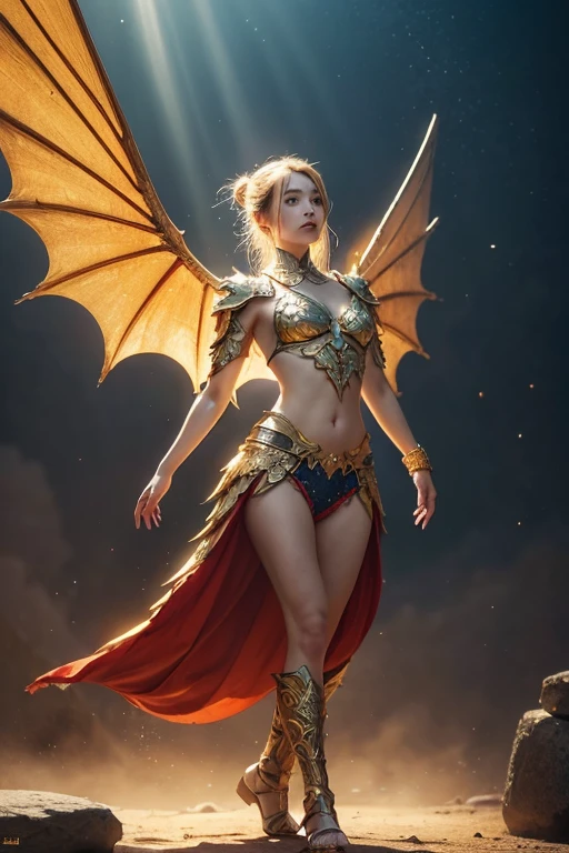 Create a realistic and stunning image of a beautiful dragon princess warrior floating in the sky. She wears intricately designed armor made of bronze and platinum scales, adorned with detailed dragon motifs. Her broad and mighty wings have metallic scales that shimmer and reflect light in a dazzling array. She carries a massive sword on her back. A fierce dragon is behind her, with one of its claws gently touching her shoulder. The scene is illuminated with magical lighting effects, casting glowing auras and dynamic shadows, creating an epic and majestic atmosphere. The style should be hyper-realistic, similar to those created with Unreal Engine 5.