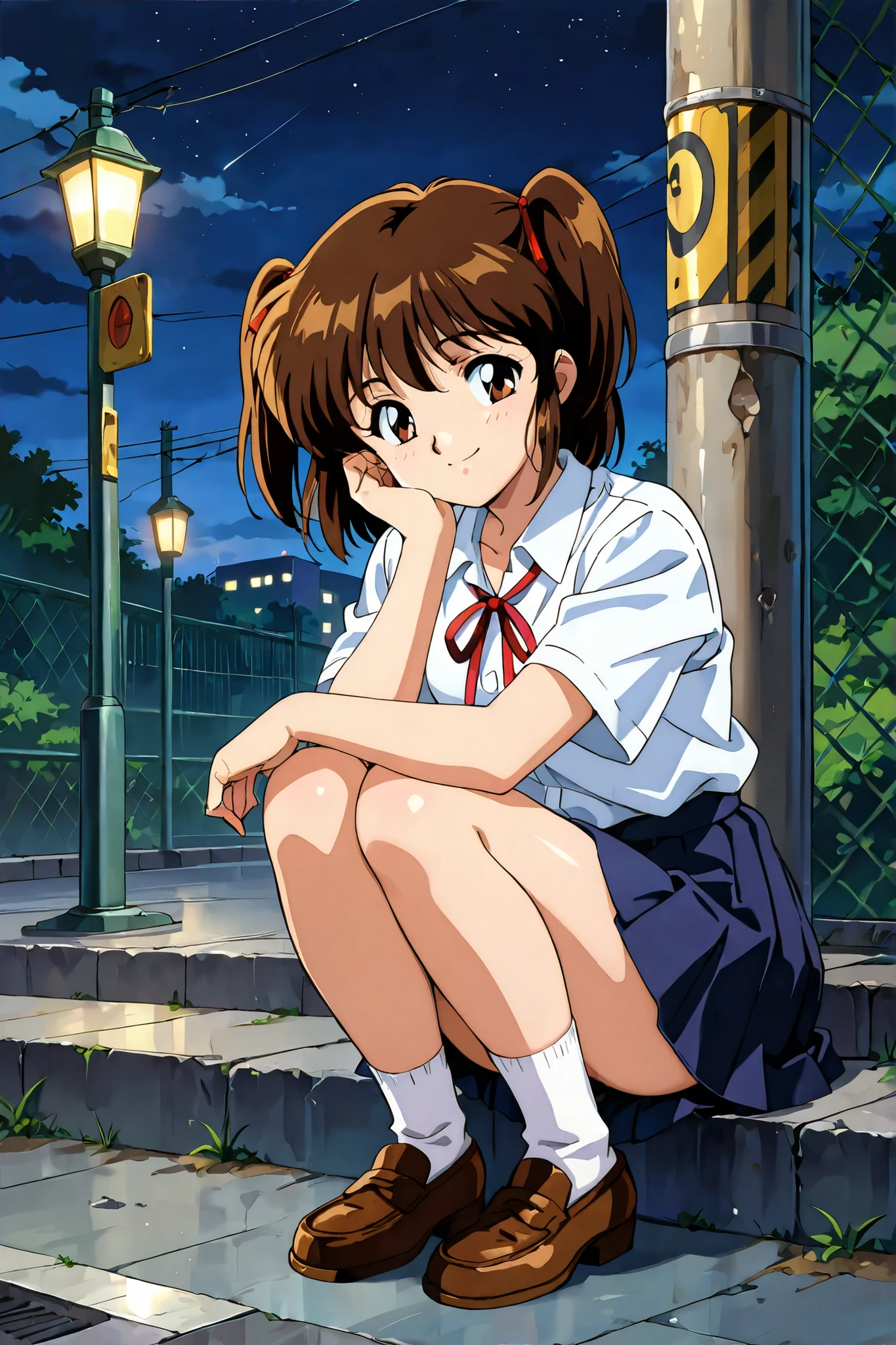 1girl,solo,adult,18 years old,kayo,dark brown eyes,dark brown hair,two side hair,shoulder-length short hair,white collared shirt,short red necktieribbon,navy blue short pleated skirt,white socks,loafers,whole body,full length,masterpiece,best quality,amazing quality,score_9, score_8_up, score_7_up, source_anime,retro art style,BREAK,(((adult))),(((18 years old))),whole body,night,smile,