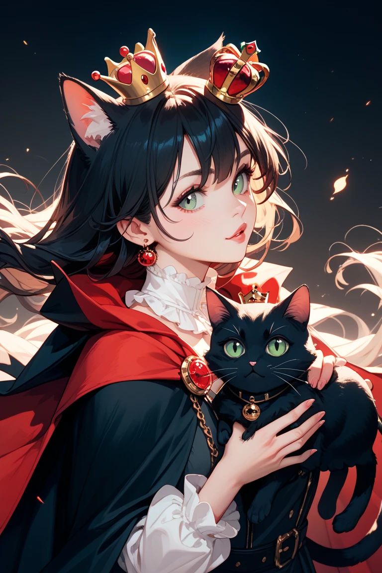 no humans, 2 cats, [Queen cat(white fur), red cape], [King cat(black fur), black cape], wearing (mini crown), 