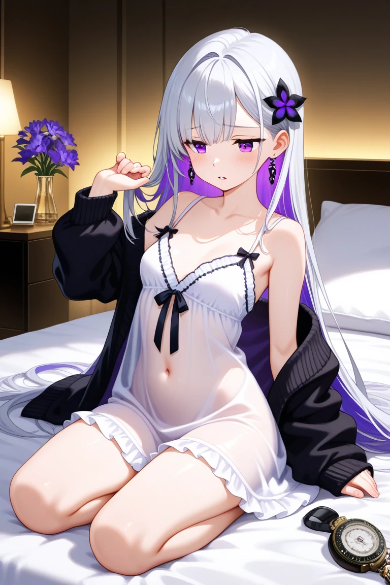 Random pose、M-shaped spread legs、Random underwear、Light silver hair、Semi-long hair、Pale purple eyes、blueの下着姿、Blushing、Random erotic poses、Bedroom、On the bed、Spread your legs、Glamorous expression、M-shaped spread legs、blueのパンティ、blue