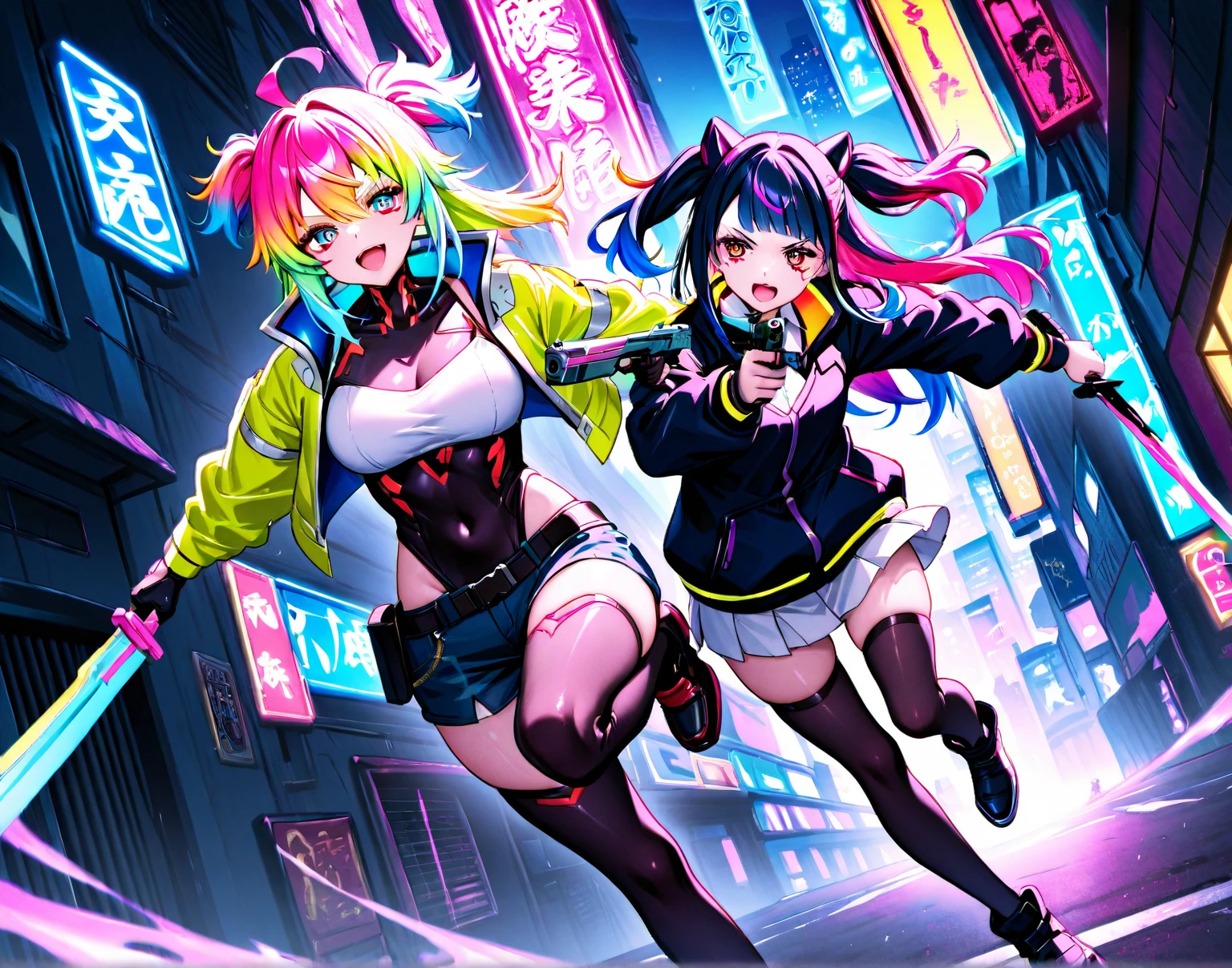 2 girls, jacket, outdoor, hoodie, open jacket, chain,cute, kawai, looking at another, trending on artstation, 8k resolution, highly detailed, anatomically correct, sharp image, digital painting, concept art, trending on pixiv ,pink and cyan color clothes,glow in the eyes, monocromatic colors, black and white, attractive aspect, hot look, arknights looks, arknights anime, bunny ears, detailed anime eyes, simple background, full body