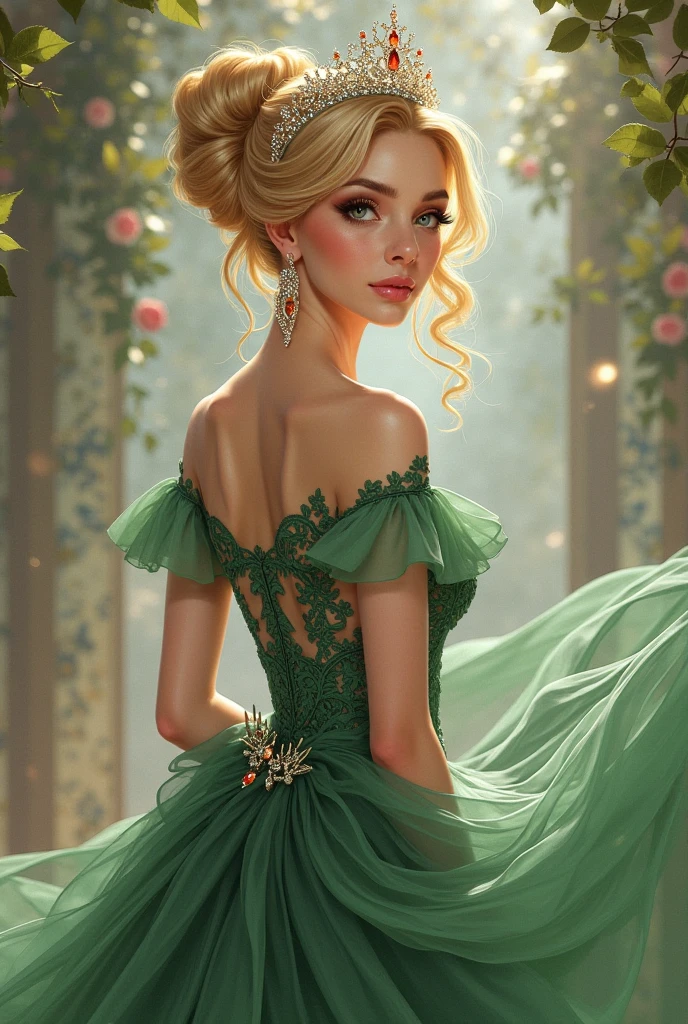 Create for me the image of the cover of my book the title (Anne's Fate) write the name in Portuguese and put my author name Kelly Ramos put a palace in the background, flowers and a young woman with an angelic face, a very realistic image of blond hair and green eyes wearing a moss green dress from the 1910s