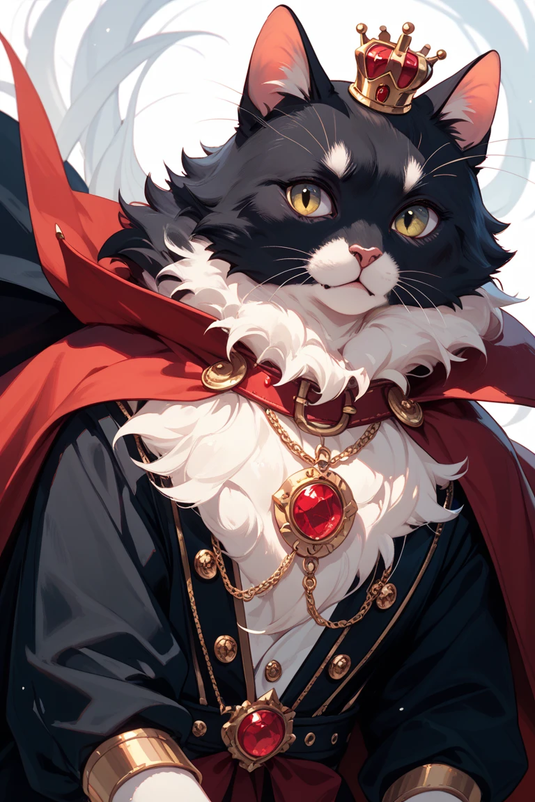 no humans, 2 cats, [Queen cat(white fur), red cape], [King cat(black fur), black cape], wearing (mini crown), 