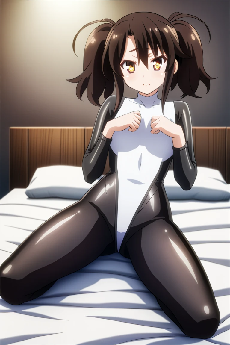 A Japanese anime character in a black rubber suit with their legs spread open, revealing their nipples and genitals.