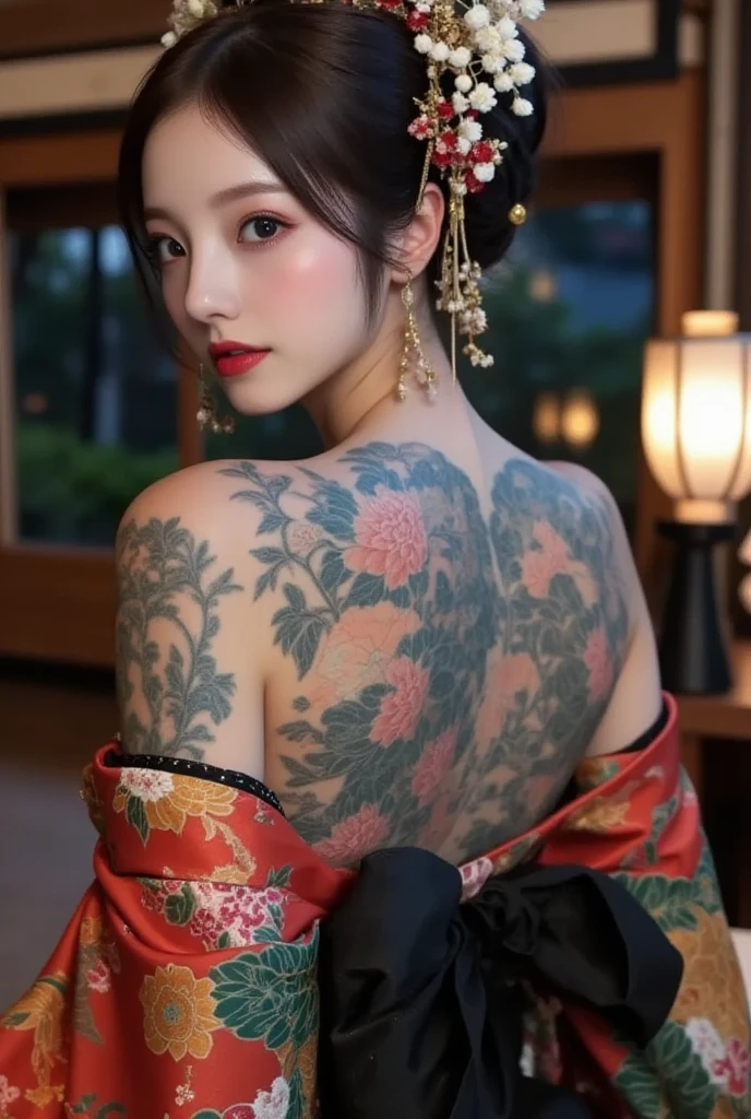 ((26 year old, A beautiful tattoo girl wearing kimono, kneeling pose on a tatami)), (((large breasts :1.4, saggy breasts:1.5))), (blue eyes, gorgeous dark red hair with silver tips, braid hair, white skin, detailed full back tattoo, Huge soft breasts and a bit muscular back), 8k, RAW photo, ((close up shot, zoom in)), (highly detailed skin:1.2), (exposed face:1.5), (exposed breast:1.5), (exposed back:1.5), realistic photography, masterpiece, best quality, clean and bright background, dynamic pose, Ultra-detailed face, Detailed eyes,
