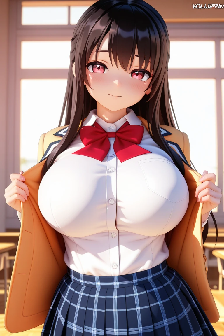 ,1 girl,solo,risekujikawa,smile,school uniform,yellow neckerchief,black blazer,black plaid skirt,black thigh highs,(huge breasts:1.4),open mouth