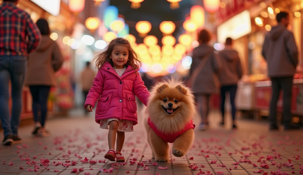 realistis 4d anak gadis kulit realistis rambut hitam yang mengenakan jaket berbulu tebal warna kuning biru, sepatu pink, rok merah kotak kotak, duduk di jalan kota pada malam hari. Anak tersebut harus memakai headphone, memegang boneka anjing besar dengan dua tangan. Latar belakang harus cerah dengan lampu kota yang buram, memberikan suasana dinamis dan penuh warna pada pemandangan. kuwalitas gambar super detail,