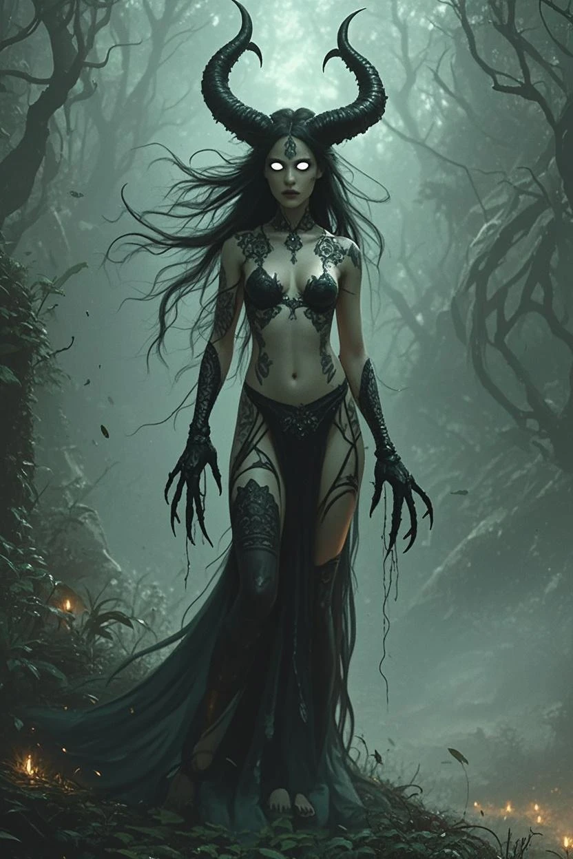A girl with long white hair,She will wear an outfit reminiscent of a swamp monster,she's going to wear a swamp monster mask with fangs, scales on the skin,I want creatures inside the swamp water,She's going to pose and be sexy