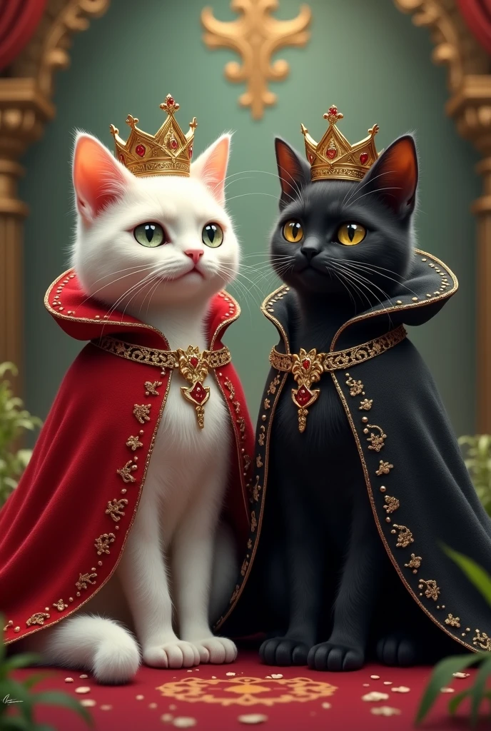 no humans, 2 cats, [Queen cat(white fur), red cape], [King cat(black fur), black cape], wearing (mini crown), 