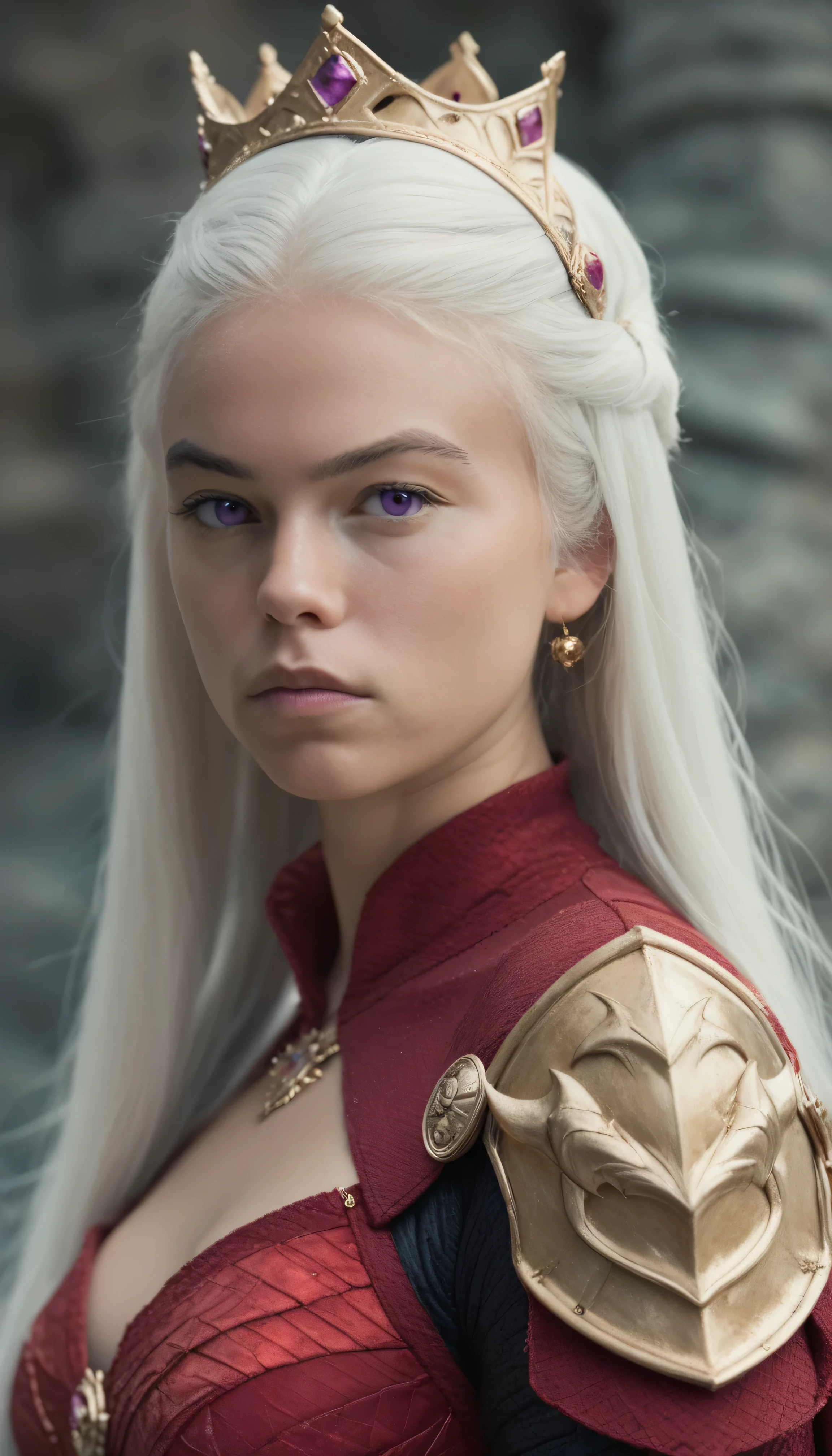 beautiful woman with a very long straight white hair, pale white skin, photorealistic, looking at viewer, serious expression, wearing black and red dress with dragonscale armor, purple eyes, with dragon emblem crest on shoulder, half body portrait, wearing a gold crown